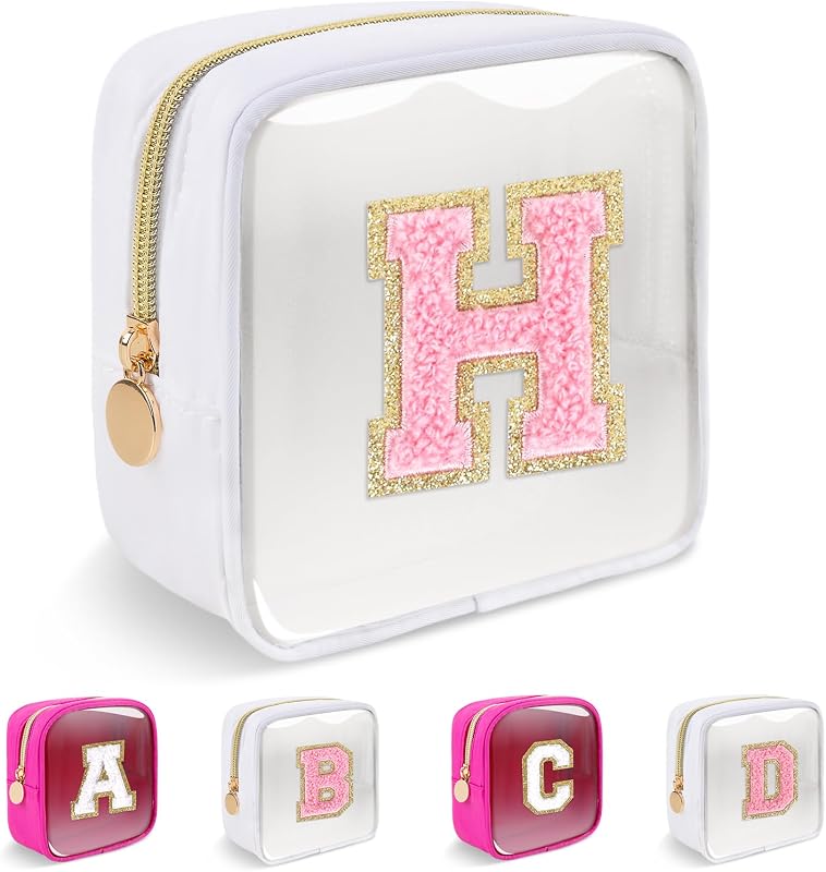 Necessaire de maquiagem transparente UIXIZQ com inicial personalizada, nylon e zíper, Mini-White