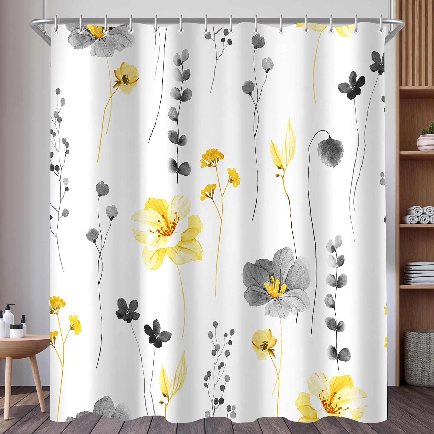 Lerores Shower Curtain, 240 x 200 cm, Yellow & Grey Flower, Weighted Hem, Anti-Mould, Water-Repellent, Washable Polyester Bath Curtains with 16 Eyelets and Shower Curtain Rings for Bathroom, Bathtub