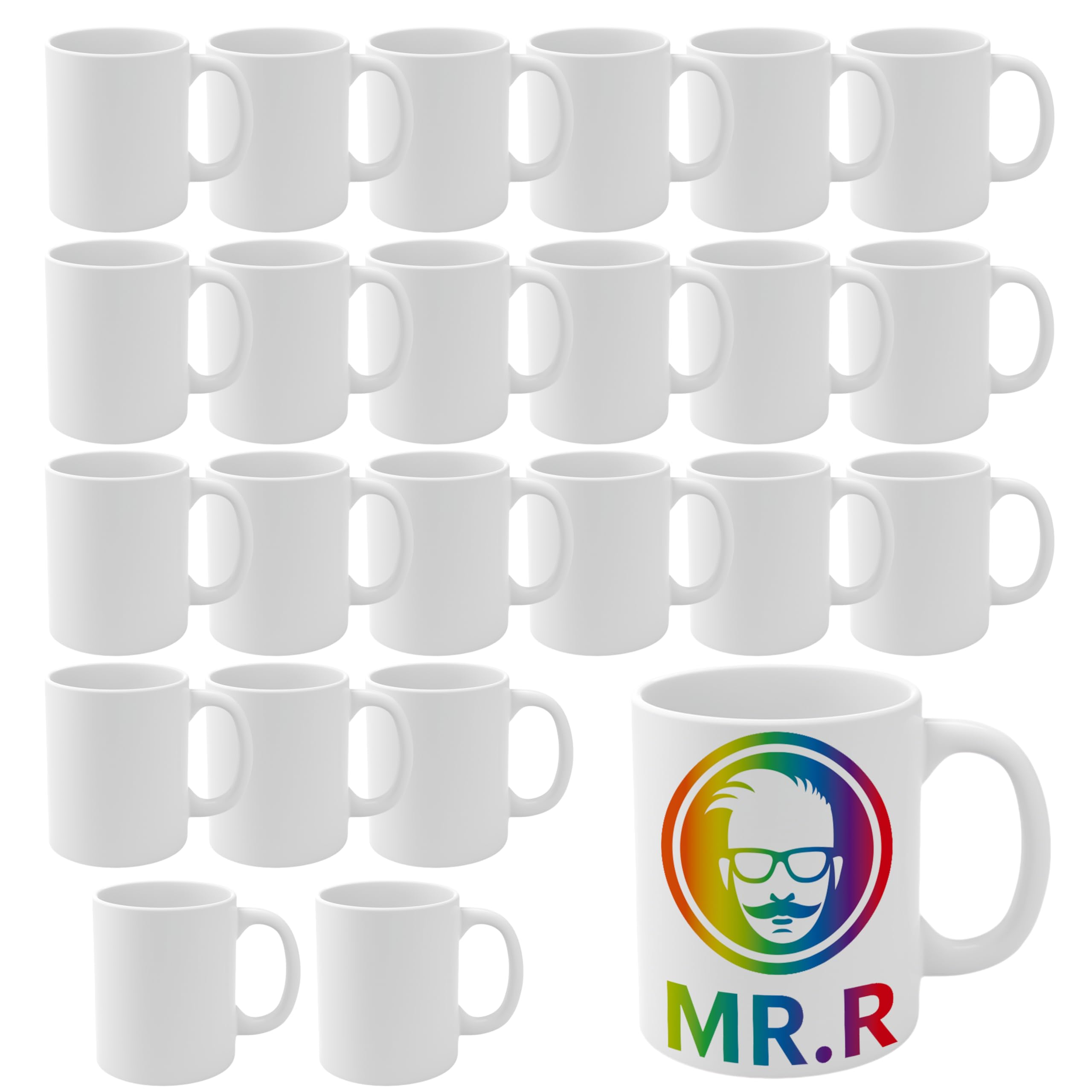 MR.R Set di 24 tazze da caffè in ceramica bianca a sublimazione per lavastoviglie, 325 ml, in ceramica, classiche, per latte, tè, cola, acqua