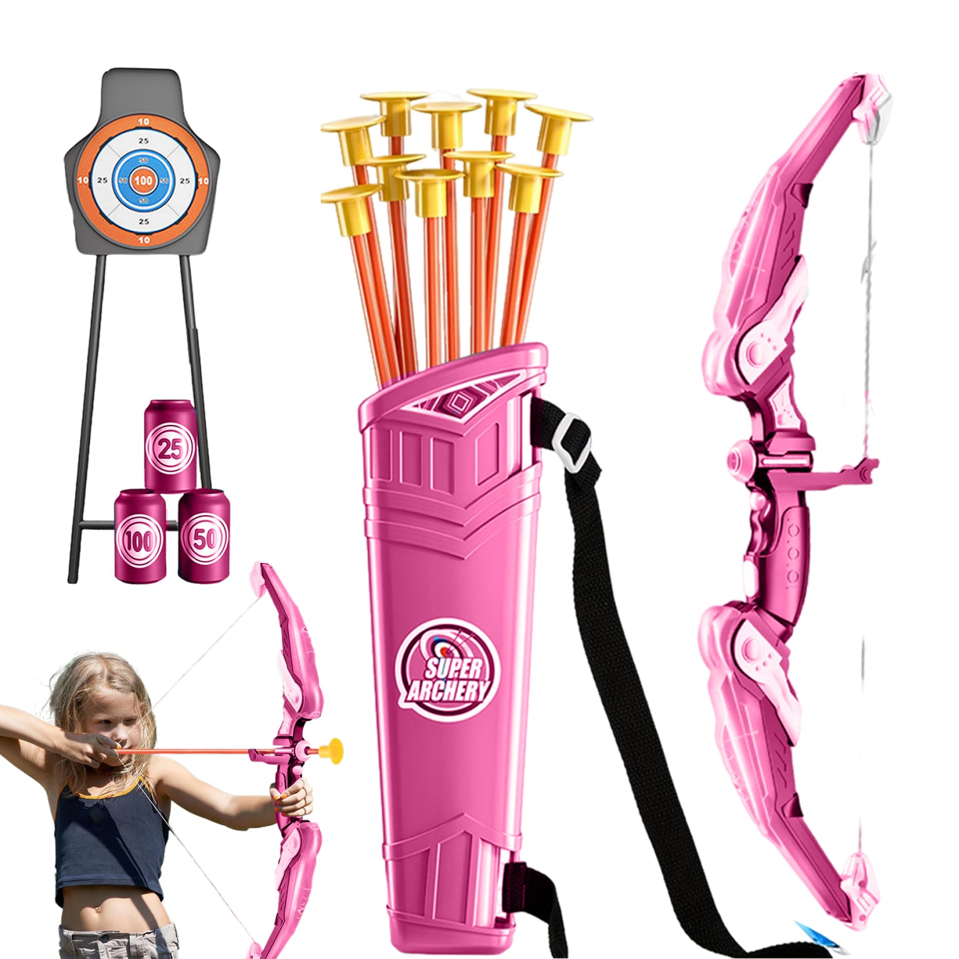 Set Arco e frecce per bambini Set tiro con l'arco per bambini in plastica LED Include custodia per e frecce Bersaglio per freccette bottiglie Giocattoli educativi facili da usare per 4 anni