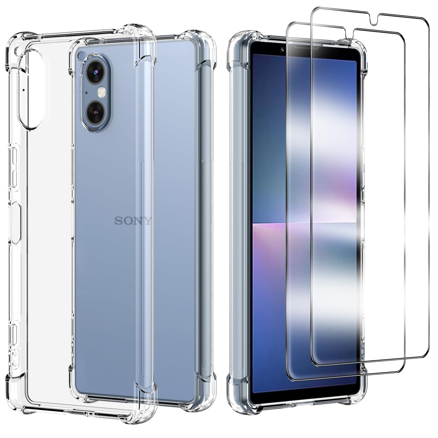 Cover Per Sony Xperia 5 V + 3 Pellicole Vetro Temperato – Custodia Morbida In TPU Trasparente, Antiurto E Antigraffio