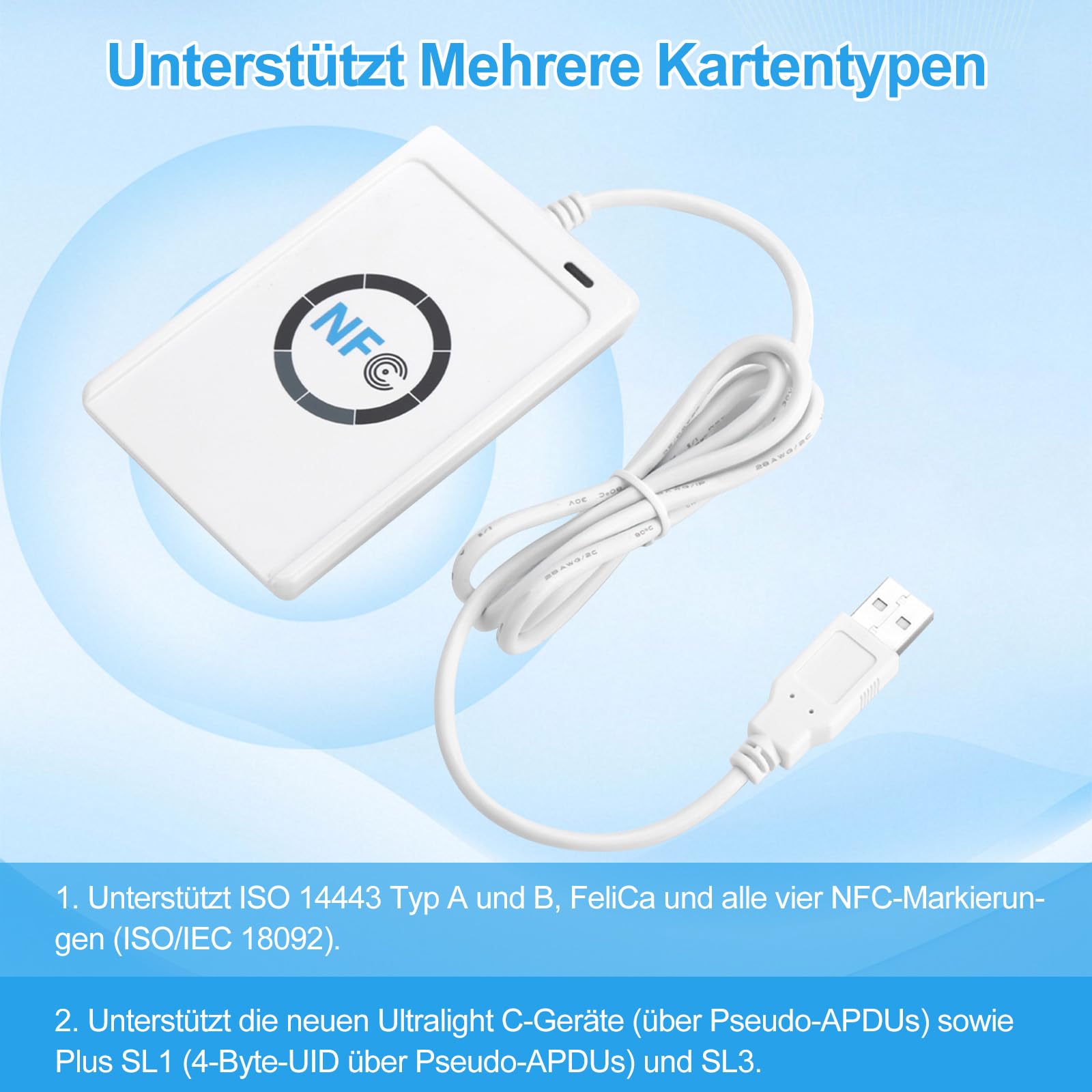 Lecteur NFC RFID Acr122u - Lecteur USB sans contact - Prend en charge Iso 14443a/B Felica NFC - Avec vitesse de 424 Kbps - Pour ordinateur jusqu'à 50 mm de portée