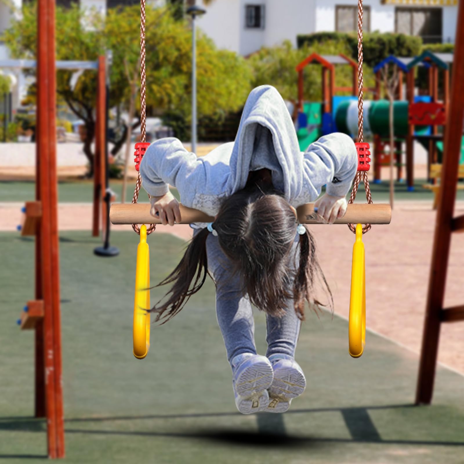 PELLOR Columpio Trapecio de Madera Multifunción para Niños con Anillos de Gimnasia de Plástico para Colgar Soporta hasta 160 kg