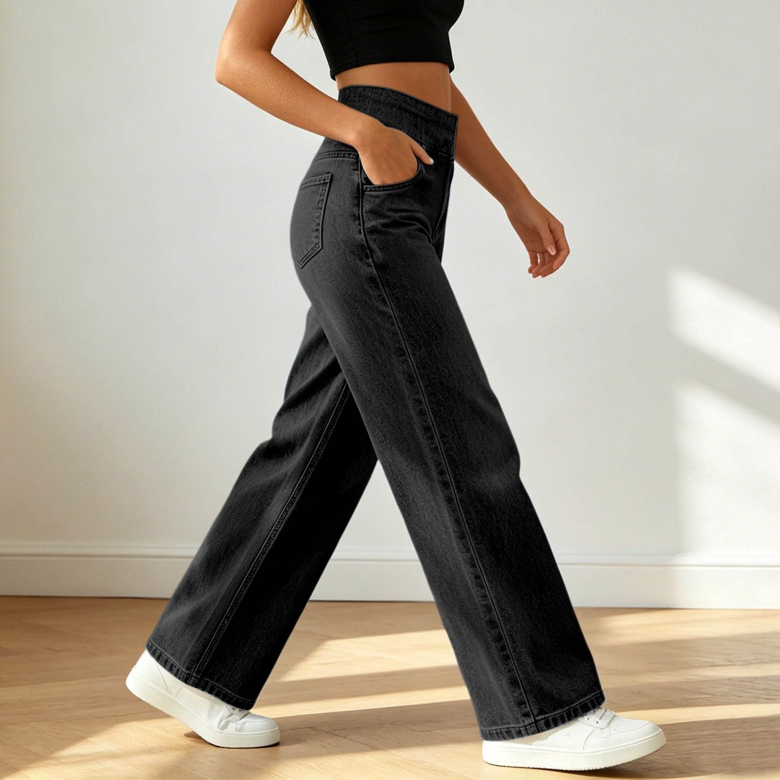 Generico Jeans Larghi Donna - Vita Alta, Gambe Dritte, vestibilità Sciolta, Jeans Casual Molto Elastici, Adatto per Yoga, Fitness E Sport di Tempo Libero