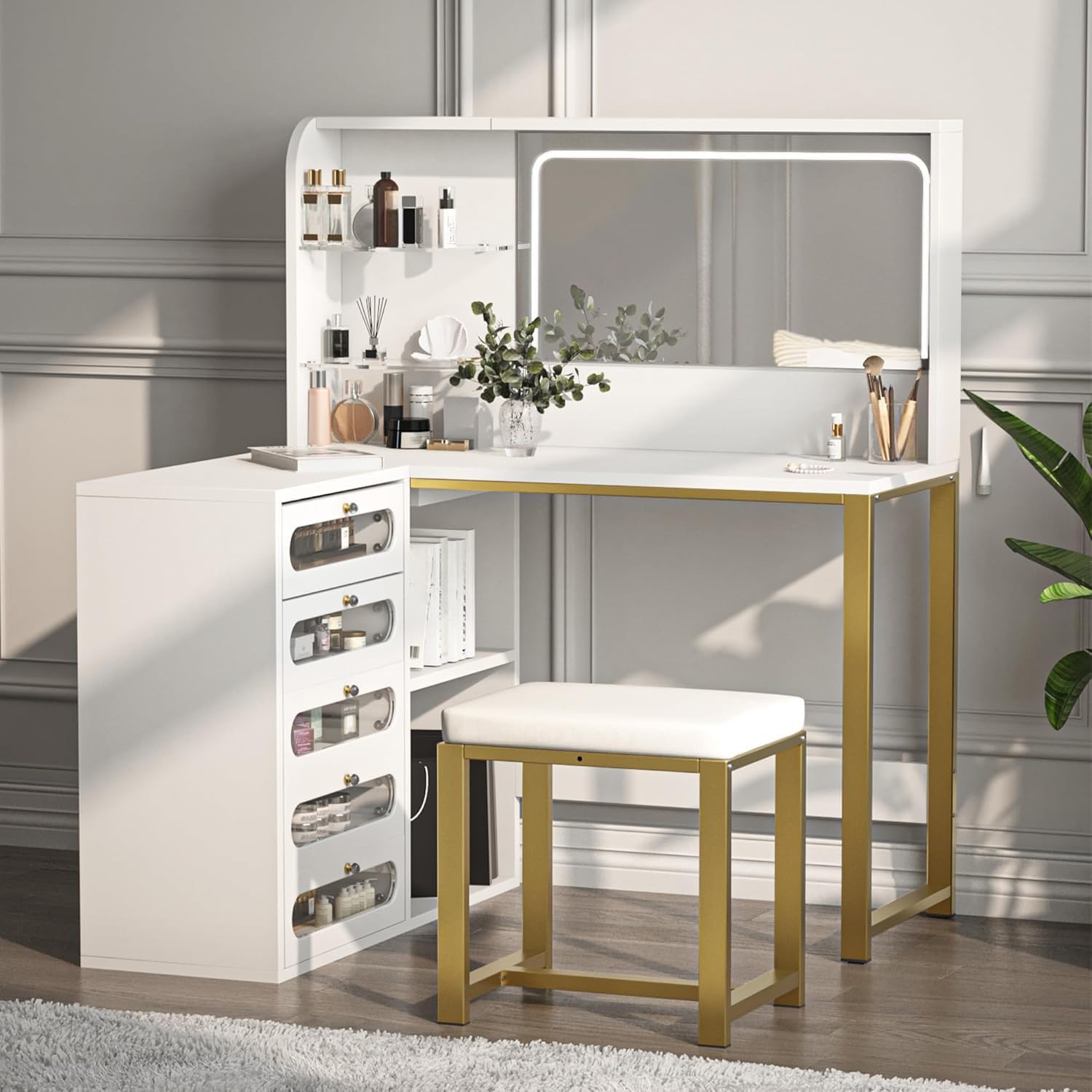DWVO Vanity Desk with Light and Mirror, 3 Lighting Modes, L-Shaped Corner Vanity Table, 48" Large Dressing Table with 5 Tempered Glass Drawers with Open Storage Shelves