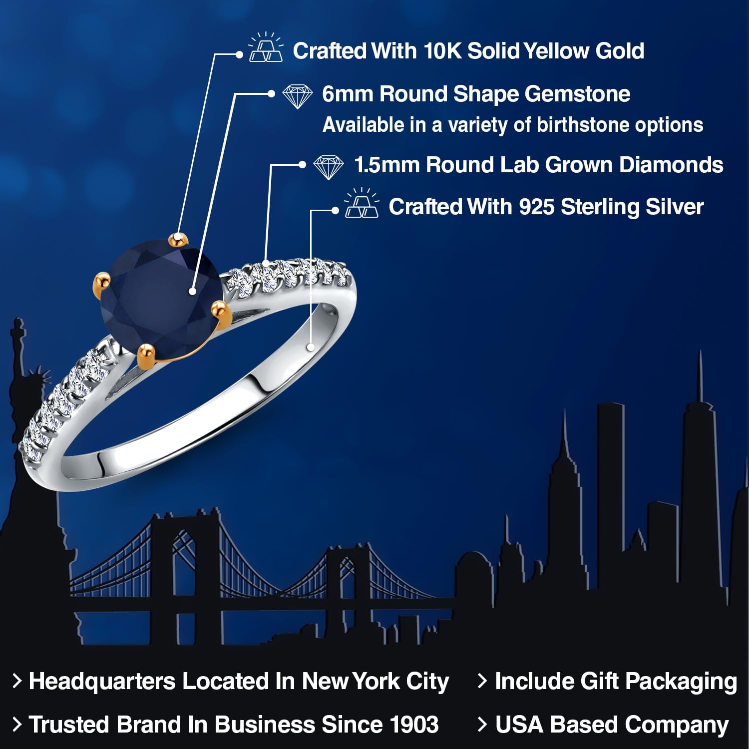 Gem Stone King 925 Silver and 10K Yellow Gold Round 6MM Gemstone Birthstone and Lab Grown Diamond Engagement Ring For Women | Wedding Anniversary Promise Ring For Women | Size 5,6,7,8,9 - Image 2