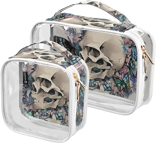 Butterfly Skull Skeleton Clear Toiletry Bag for Traveling,2 Pack Makeup Cosmetic Bag with Zipper,Travel Bag for Toiletries,Travel Essentials 21214269