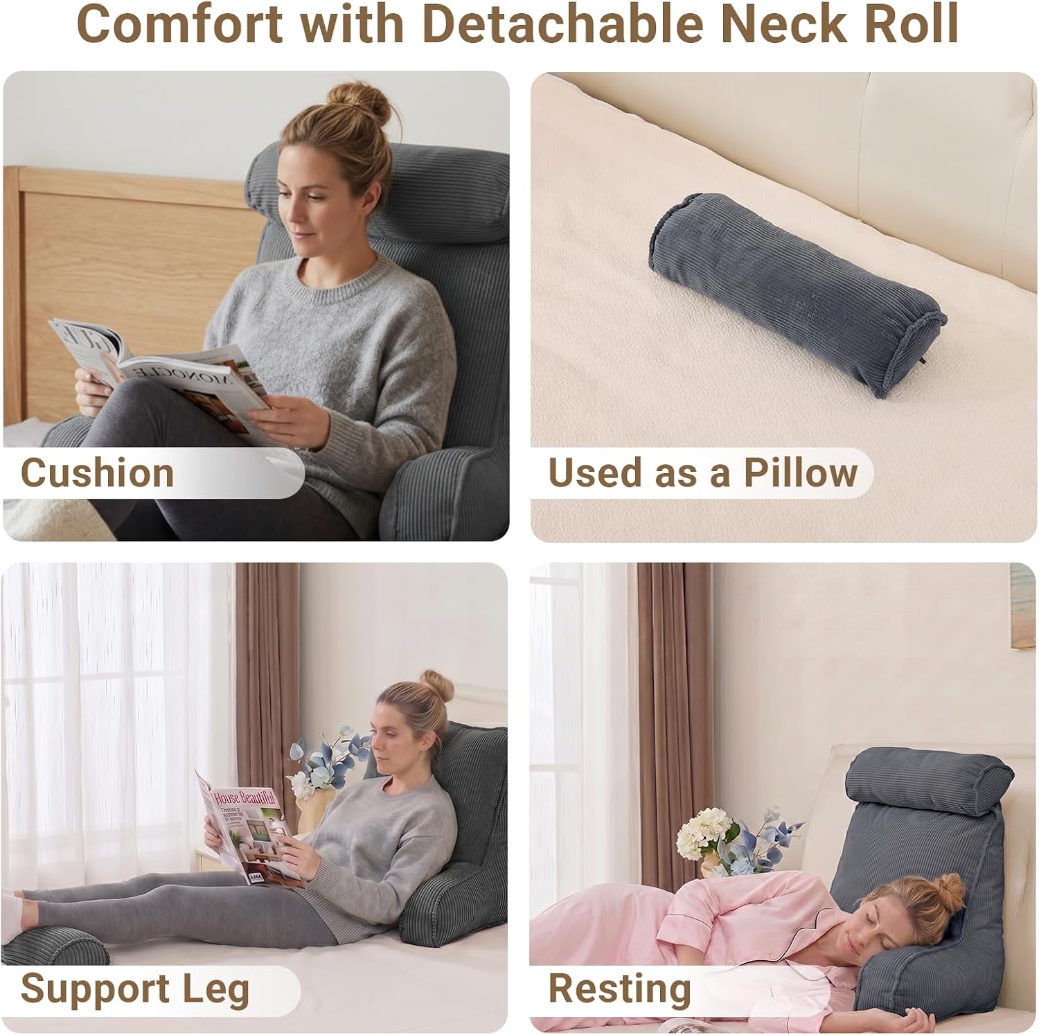 Reading Pillow for Bed with Detachable Neck Roll and Shredded Memory Foam, Back Pillow with Arms for Sitting Up, Washable Bed Rest Pillow with Side Pocket for Gaming, Sofa, Dorm - Dark Gray