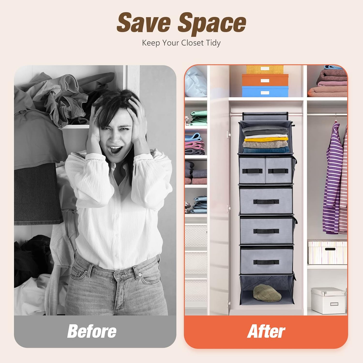 6-Shelves Hanging Closet Organizer with 5 Different Drawers, Foldable Closet Organizers and Storage for Wardrobe, Closet& RV, Baby Clothes Clothes and Accessories Storage Organization,Grey