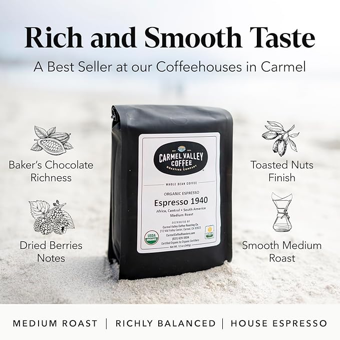 Carmel Valley Coffee Roasting Espresso 1940 Orgánico Tueste Medio Café en Grano 340g miniatura 3