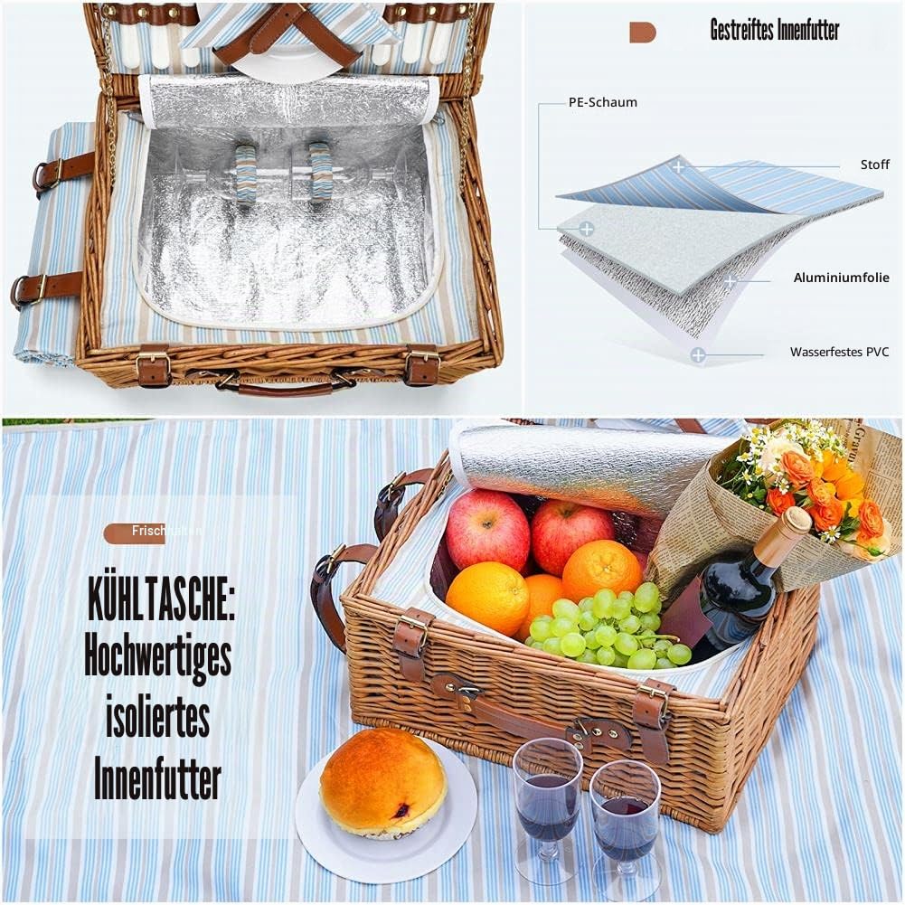 HappyPicnic Wicker Picknickkorb für 4 Personen, Willow Storage Hamper Service Geschenkset für Camping und Party im Freien (M for 2 Persons)