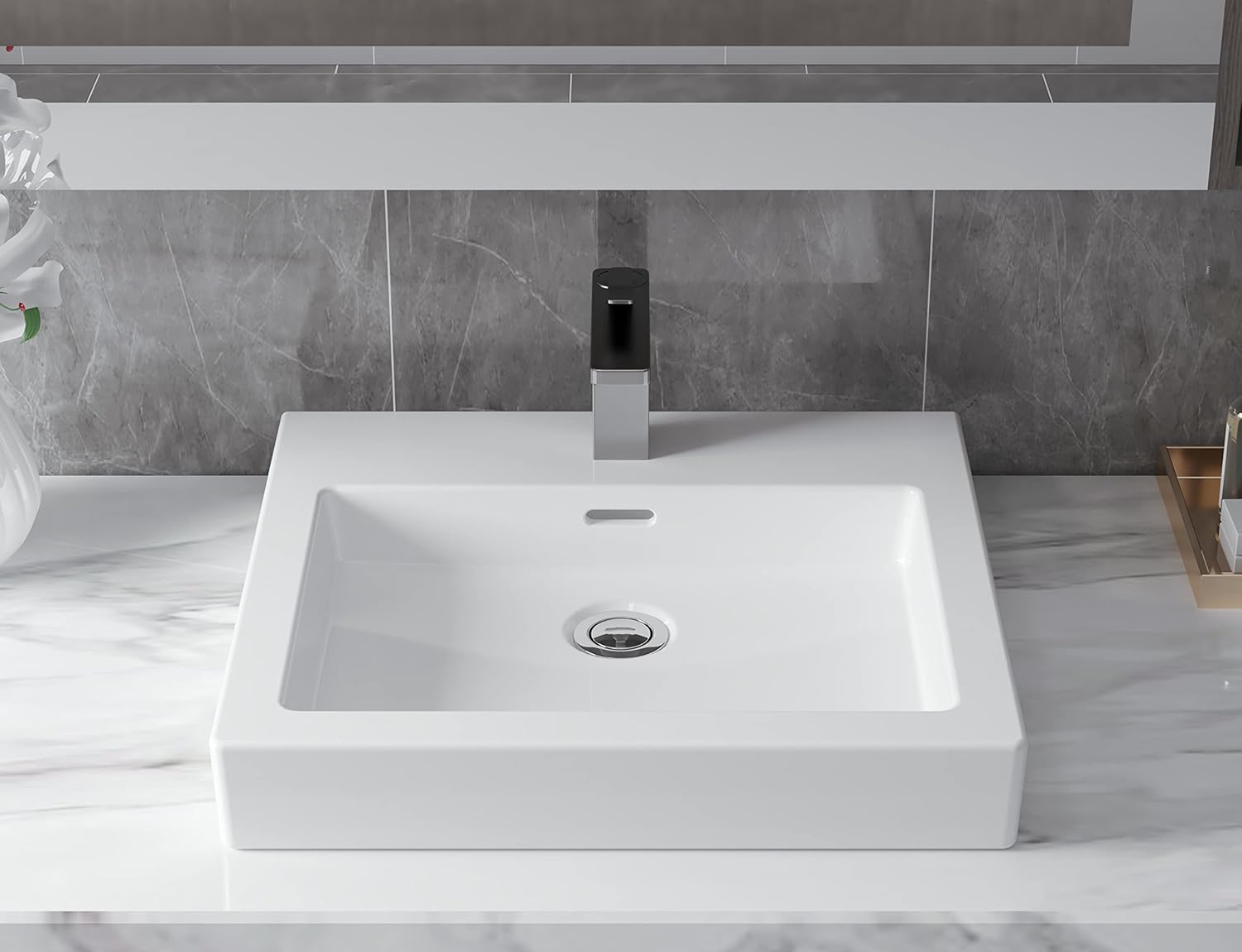 19" x 17" Bathroom Vessel Sink with One Hole and Overflow Rectangular Ceramic Porcelain Bathroom Vanity Above Counter Basin