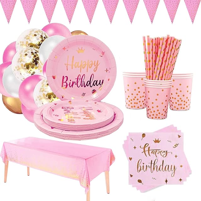 NC Pink and Gold Party Cutlery, Birthday Party Cutlery, Birthday Plate, Napkins, 16 People,for Party
