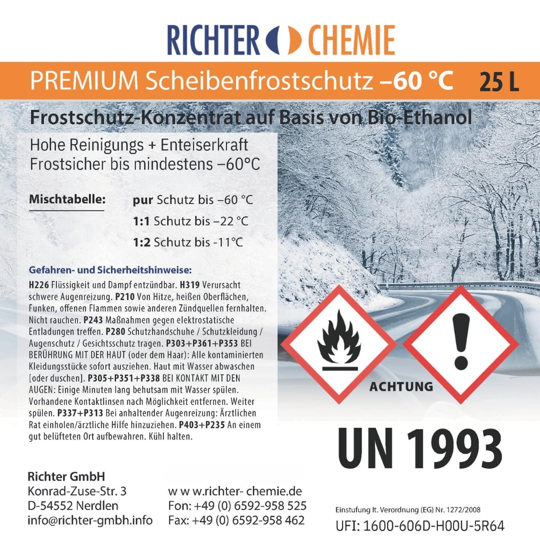 Richter Chemie Premium Scheibenfrostschutz -60°C 25 Liter, Konzentrat | Auto Scheibenwaschanlage, entfernt Insekten, Harze und Streusalz, schonend zu Gummi und Lack