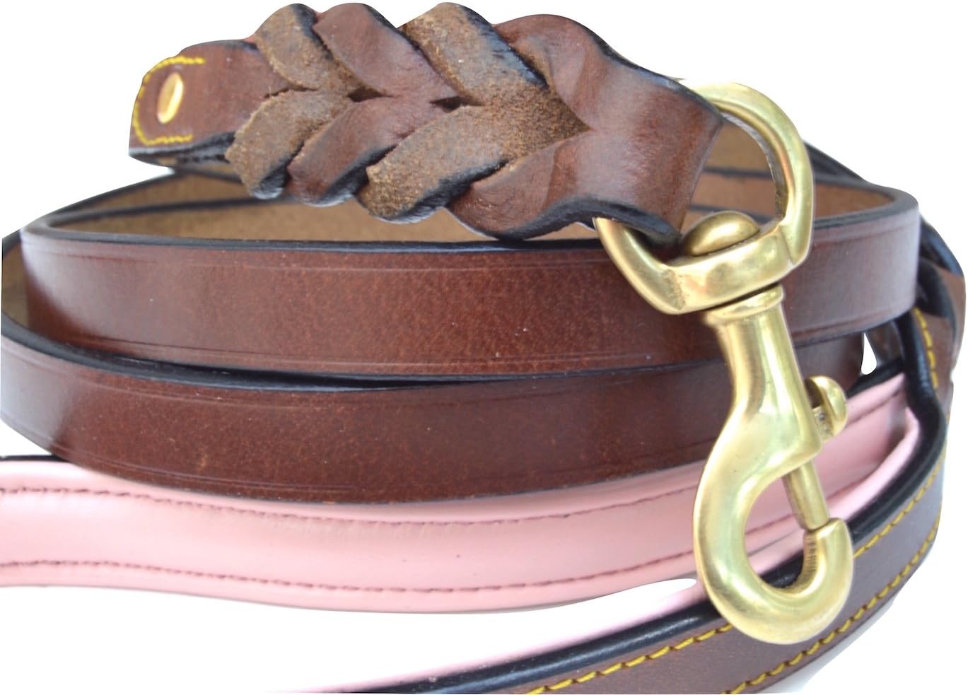 Heavy Duty Leather Braided Dog Leash, Brown with Pink Padded Handle, 6ft