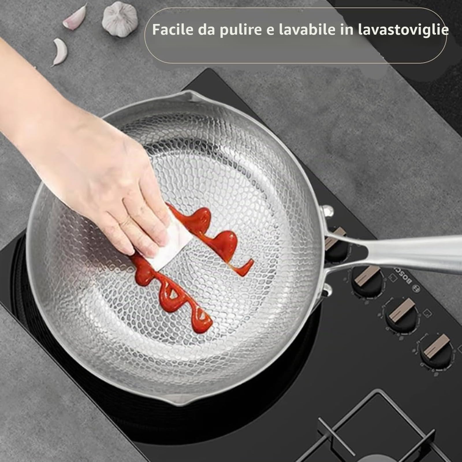 Padella in Titanio Plateful con Coperchio, Casseruola Yukihira in Titanio, Design a Doppio Beccuccio, Antigraffio, Non Rivestito, Adatto a Tutti i Tipi di Fornelli (24cm)