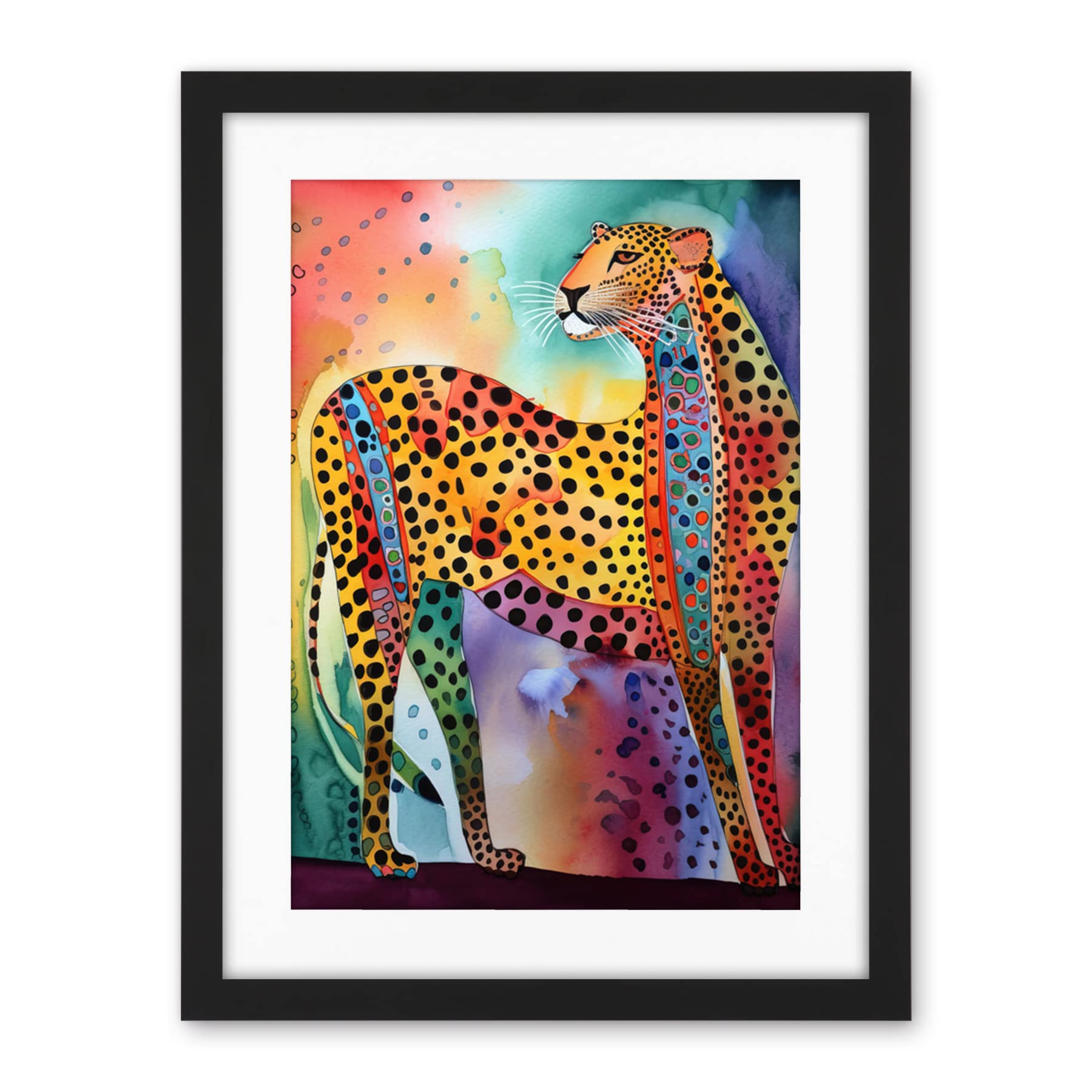 Artery8 Colourful Cheetah Folk Art Watercolour Painting Artwork Framed Wall Art Print 18X24 Inch
