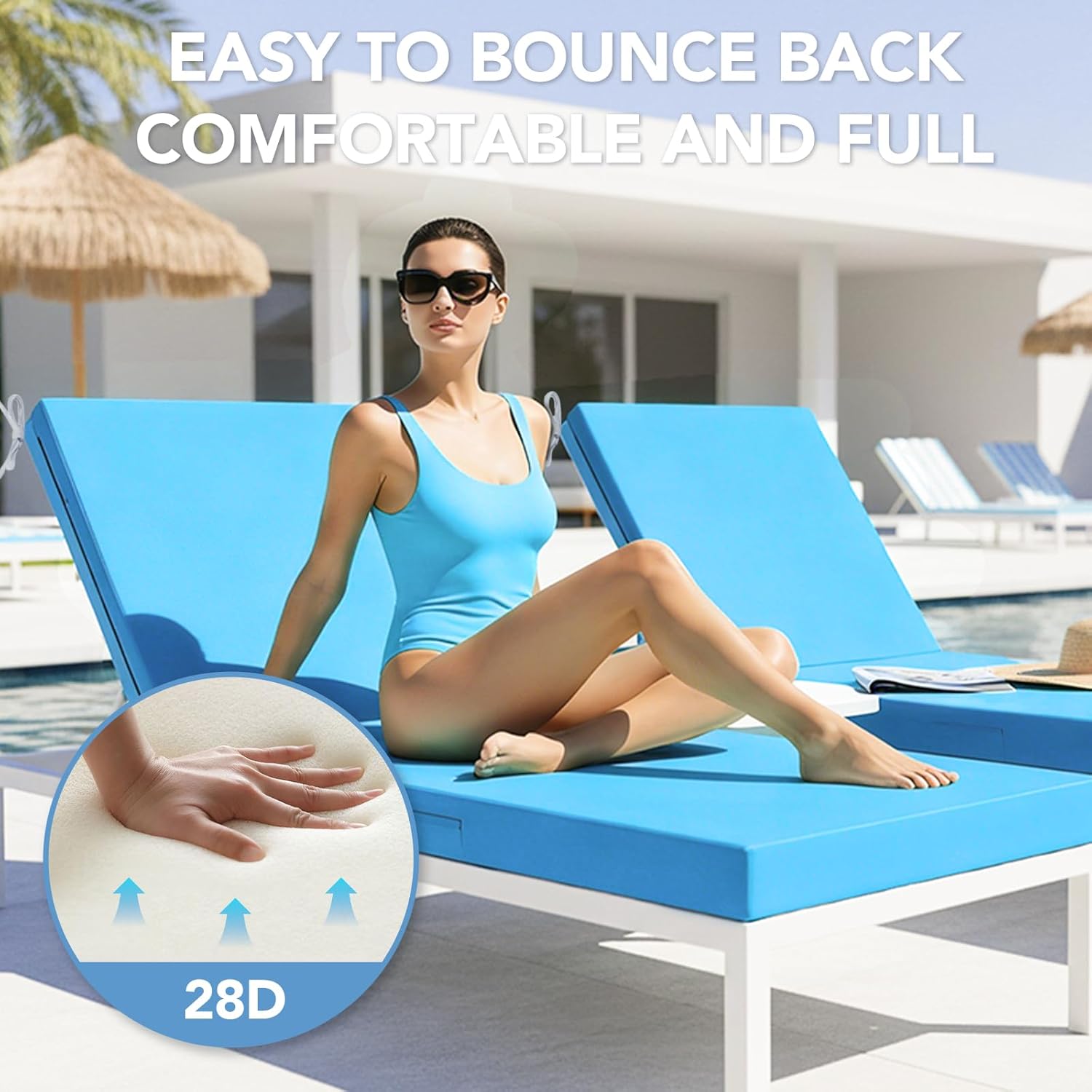 L'AGRATY Outdoor Lounge Chaise Cushion: 72x21x3 Inch Waterproof Lounge Chair Cushion for Outdoor Furniture with Fade Resistant Removable Cover - Patio Lounge Cushions for Pool Lawn Deck(Blue 2Pcs)