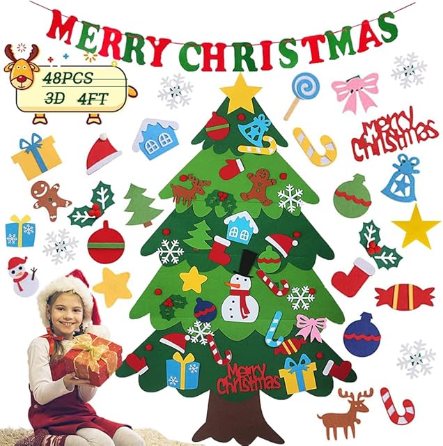 4FT 3D Felt Christmas Tree Decoration with Christmas Banner, DIY Kids Christmas Tree with 48pcs Detachable Christmas Ornaments Wall Decor Xmas Tree Gifts for New Year Home Door Hanging Decoration