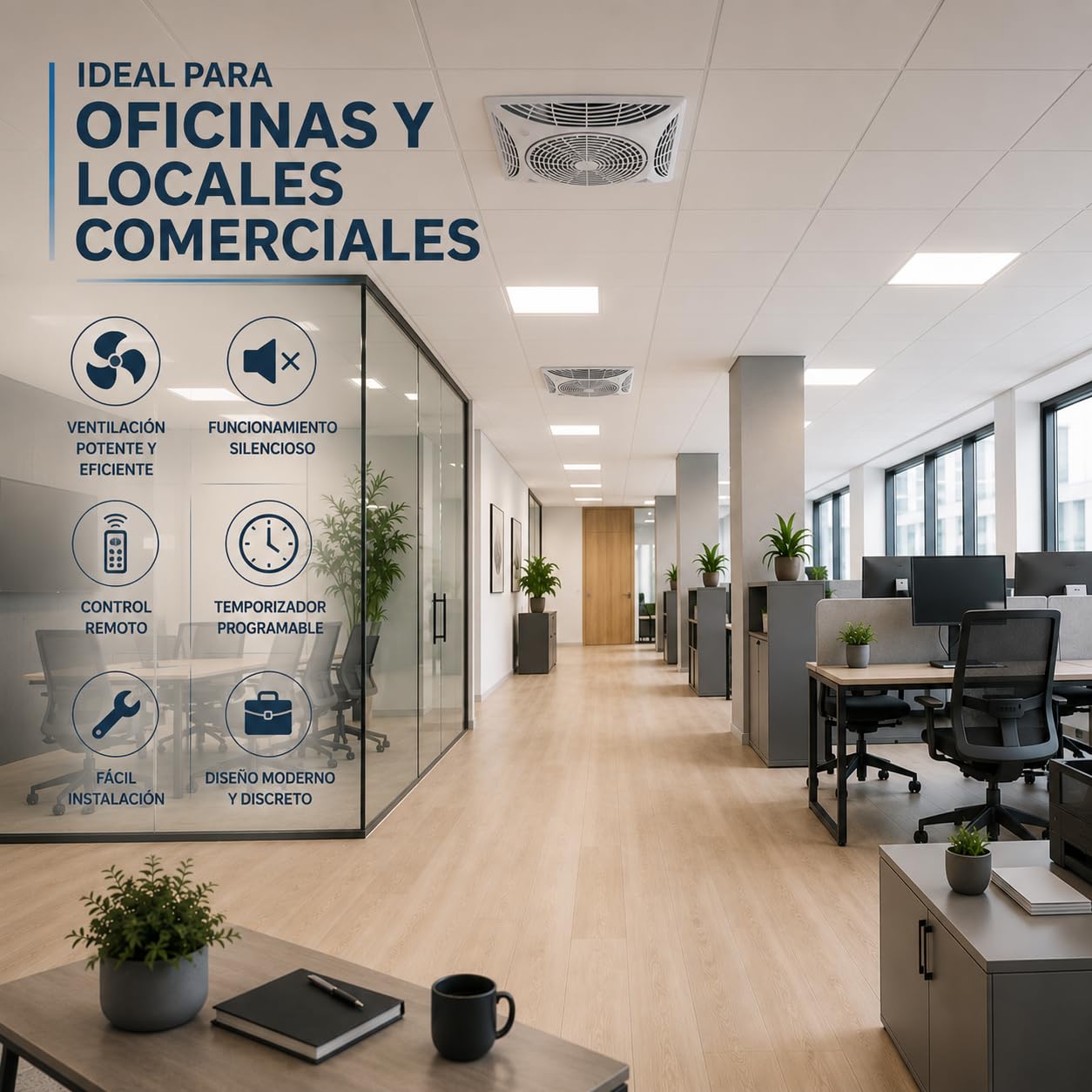 IluminaShop - Ventilador de Techo LED Strong, 6000K,Control Remoto, Motor DC + Luz 68W, Silencioso, 3Velocidades, Rejilla Rotativa, Recirculación de Aire,Ideal Oficinas, locales comerciales