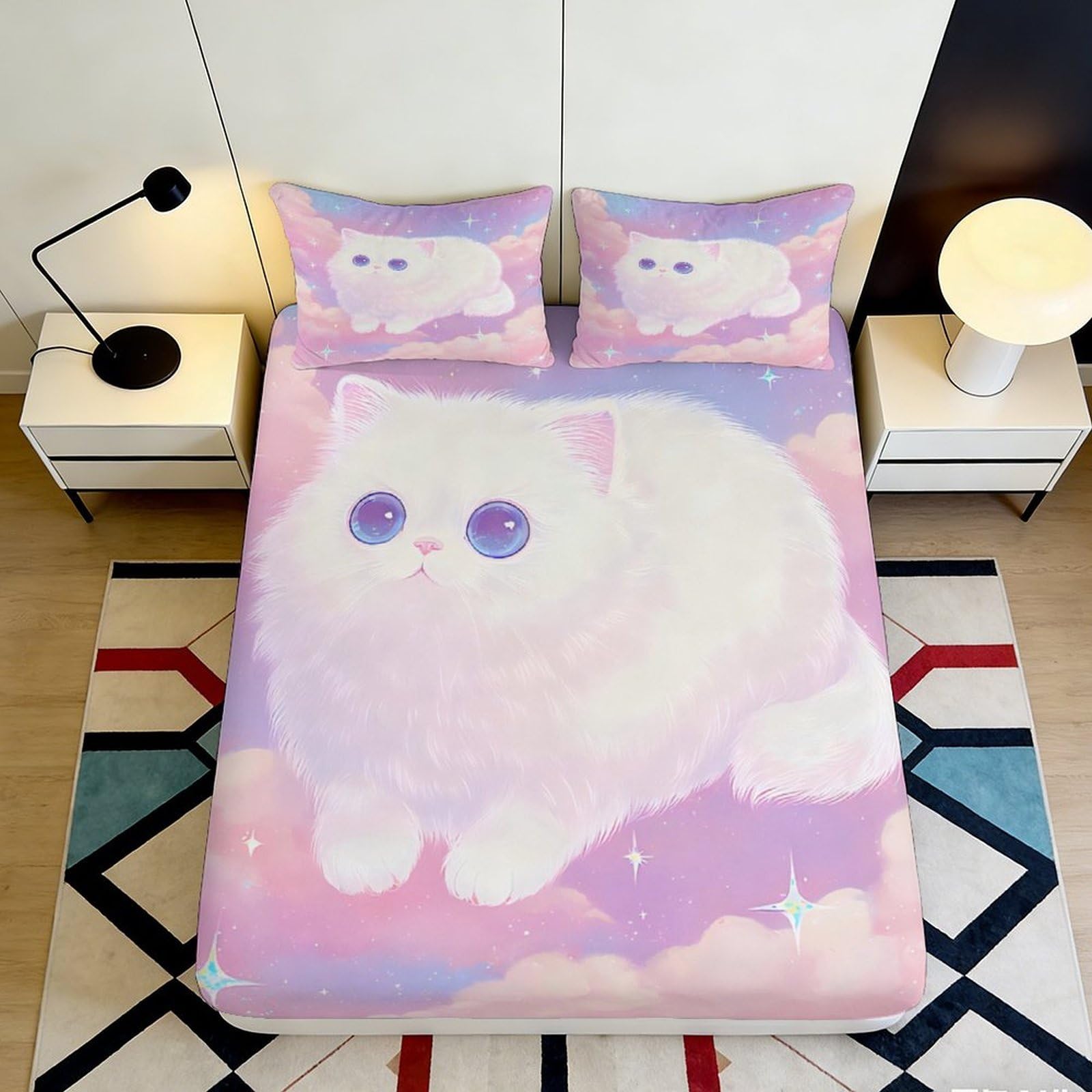 3D Printed White Cat Dreamy Clouds Fitted Sheet Microfiber Anti-Slip Bed Cover for Bedroom Teen Guest Room Decor 120x200cm 140x200x25cm