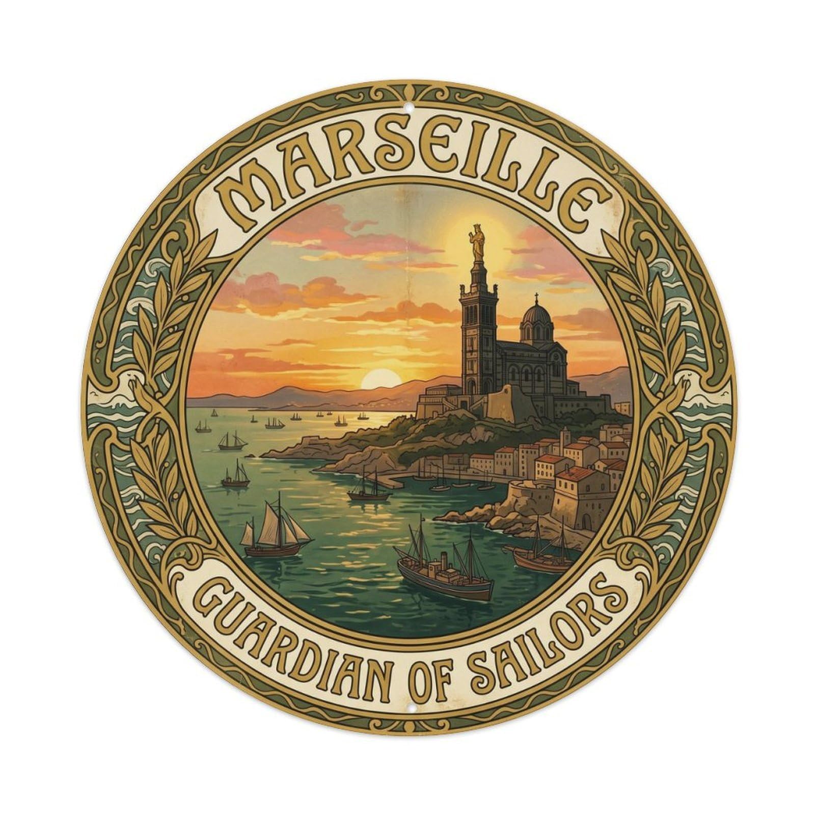 Cmhok Vintage Style Vintage Travel Marseille France Guardian Metal Tin Sign Plaque Wall Decor For Cafe, Club, Garden Round Metal Poster 8X8inch