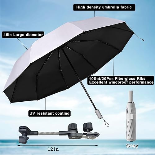 Miniatura 2 de Paraguas para silla de playa con abrazadera ajustable, 45 pulgadas UPF 50+ portátil plegable para acampar al aire libre, silla de ruedas, viajes,