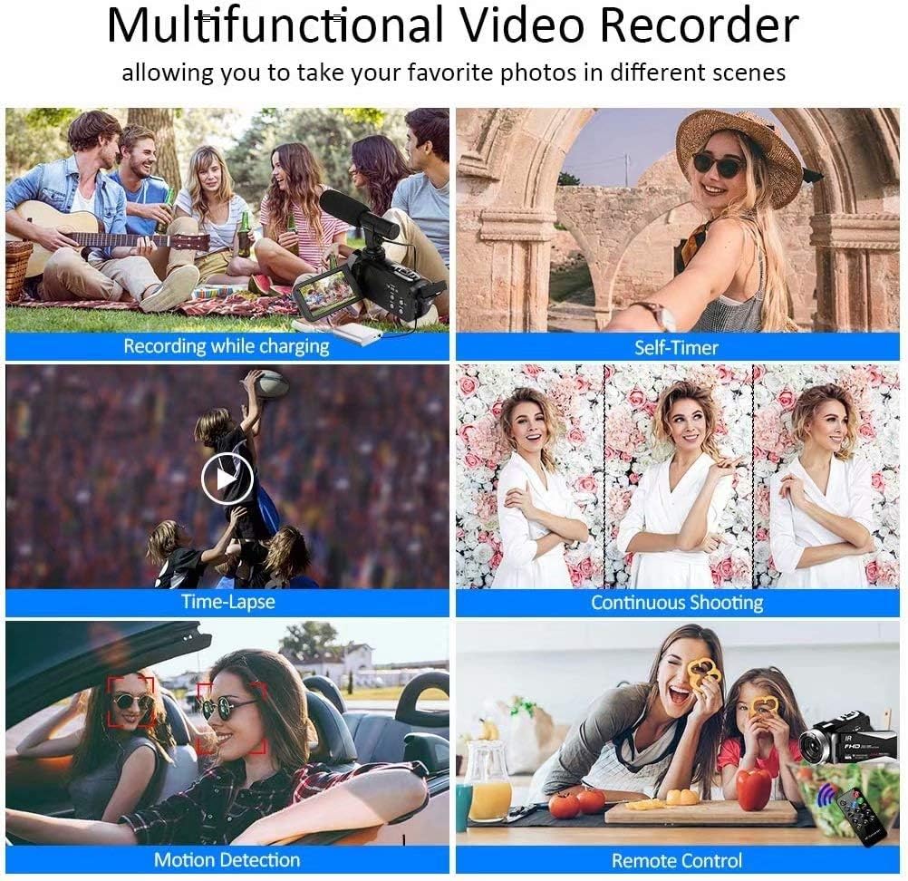 Video Camera 1080P Camcorder Full HD 30FPS 24MP Vlogging Camera for YouTube IR Night Vision 16X Digital Zoom Time Lapse Webcam YouTube Camera with Microphone Remote Control Lens Hood and 2 Batteries
