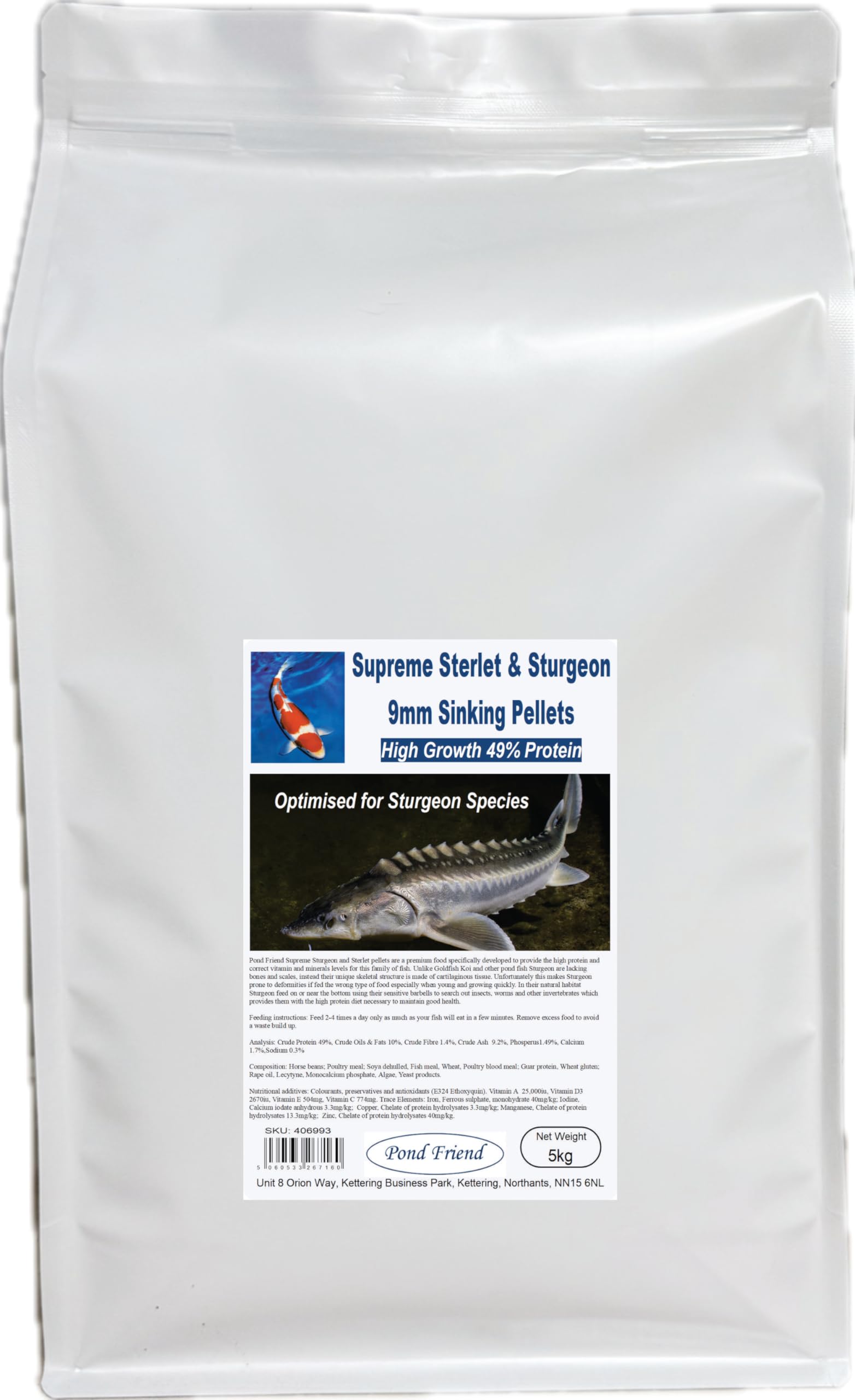 Pond Friend Supreme Sturgeon Pellets 9mm 5kg - 49% High Protein Sinking Growth Food For Bottom Feeding Pond Fish