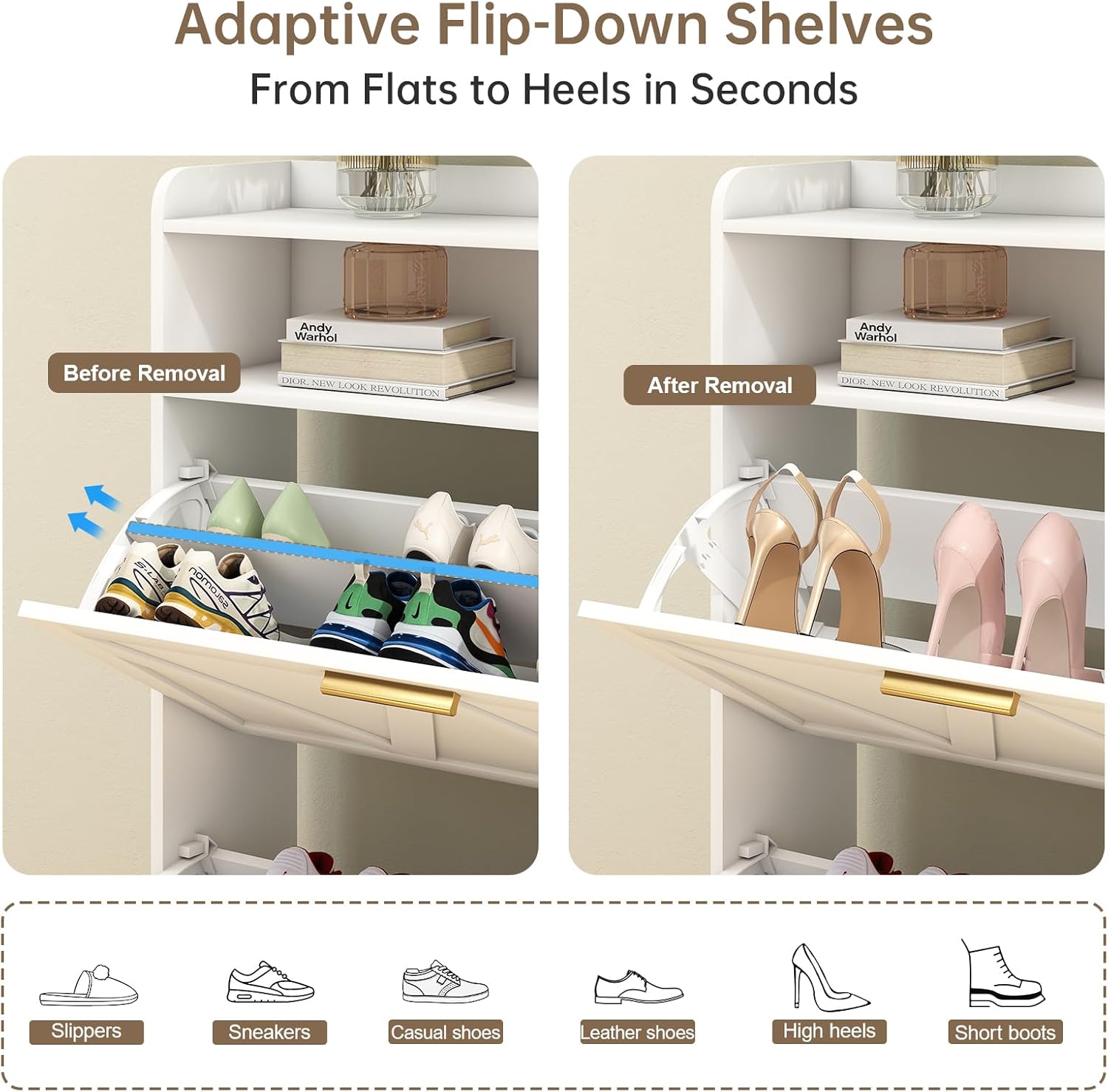 White Shoe Storage Cabinet with 2 Adjustable Flip Drawers, Farmhouse Entryway Shoe Organizer, Narrow Shoe Cabinet Storage for Entryway Slim with Hooks, Hidden Entrance Shoes Rack for Hallway