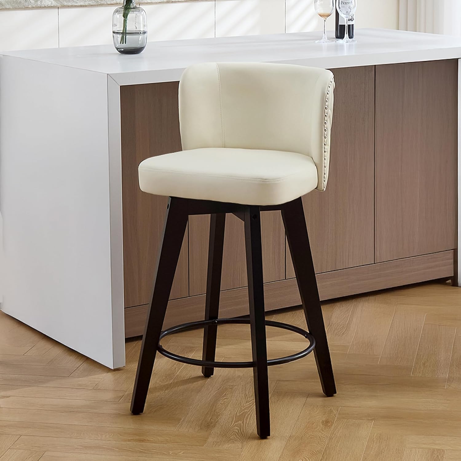Swivel Bar Stool Set of 1, Faux Leather Low Back Counter Height Bar Stools, 27.5" Upholstered Tufted Counter Barstools with Wood Legs for Kitchen Island, Home Bar (Beige)