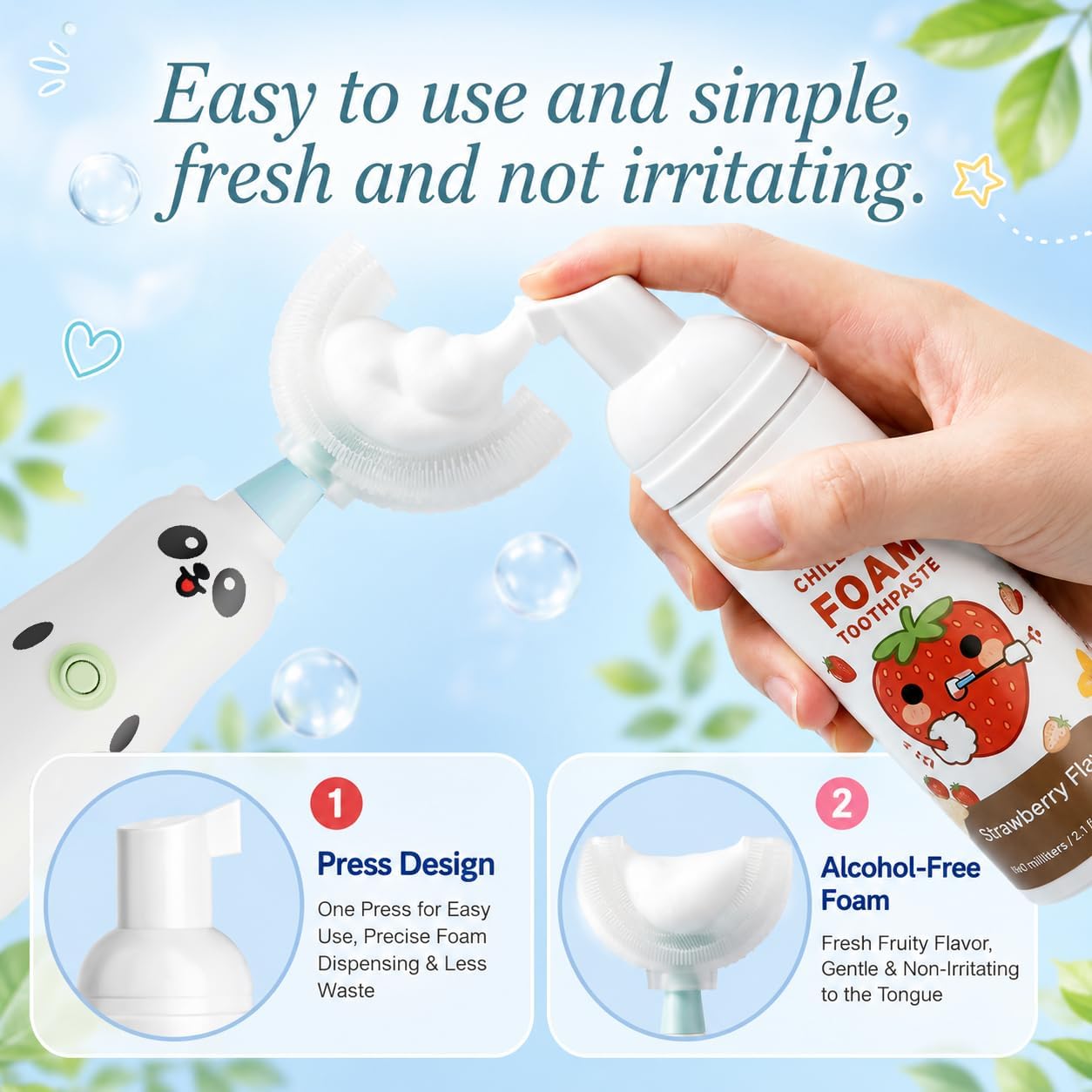 Foam Kids Toothpaste, Fluoride-Free Toddler Toothpaste, Non-Toxic and Edible, Prevents Tooth Decay, Baby Toothpaste for Electric Toothbrush, Teeth Whitening Toothpaste for Age 2+, 2.1 oz, 2 Pack