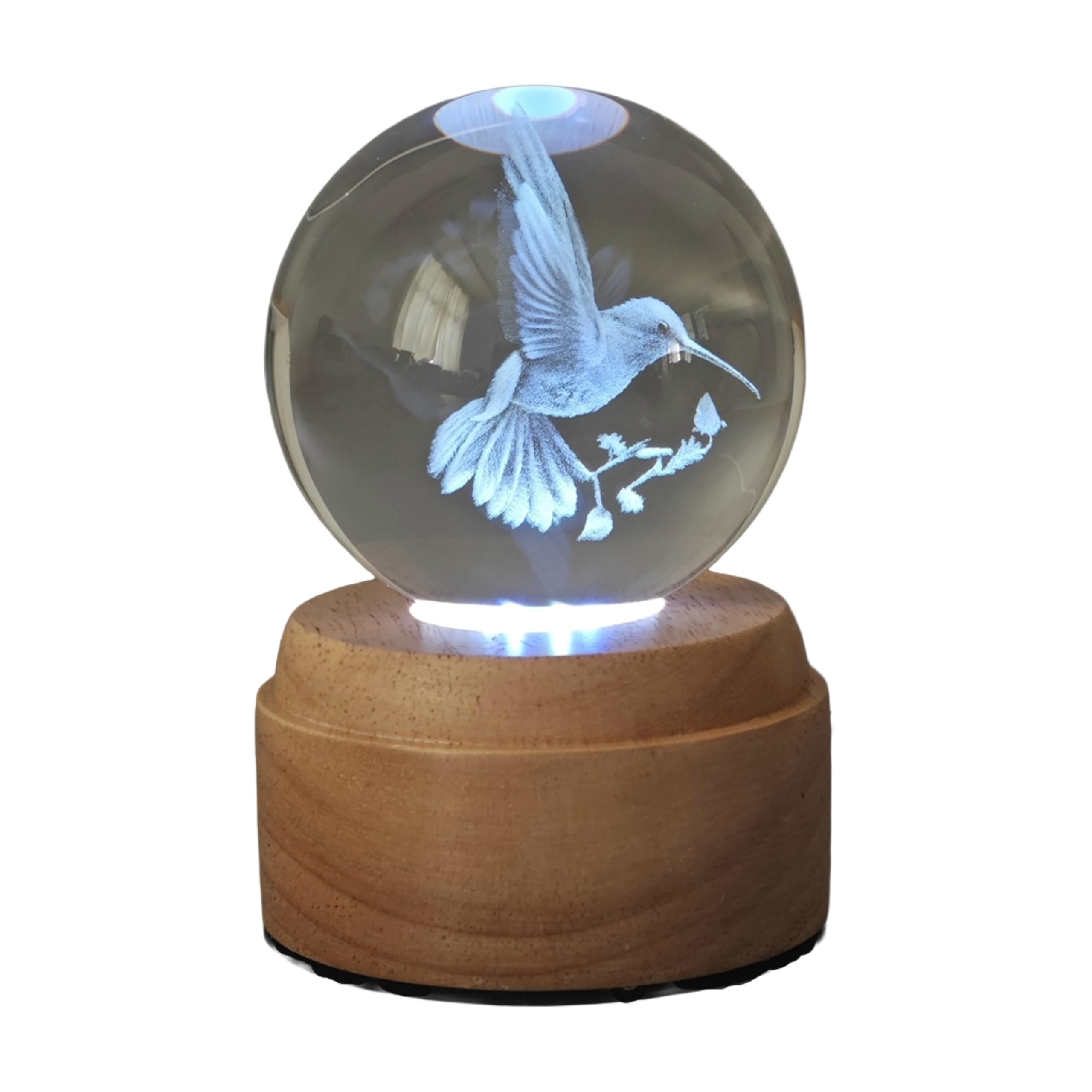 Creative Touch Hummingbird Rotating 3D Crystal Globe Light, Colour Changing LED USB Powered Mood Lamp with Real Wood Base, 12cm Desk & Bedside Decorative Light