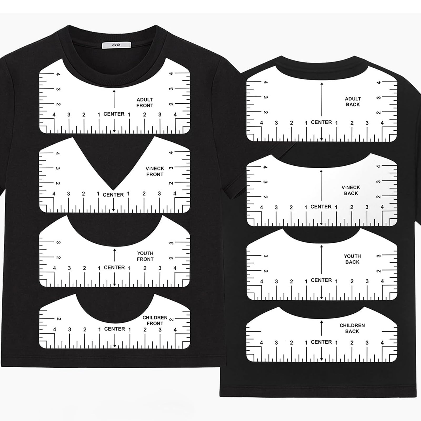 T-shirt Ruler Guide for Dressmaker,8 PCS,V-Neck/Round PVC Ruler for Alignment,Heat Press,Shirt Measurement Tool Placement Center Desgins,T-Shirt Measurement Graphics Placement (White)-image-38