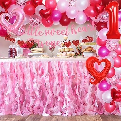 Miniatura 6 de Kit de arco de globos de primer cumpleaños para el día de San Valentín, rojo, rosa, blanco, guirnalda de globos de confeti con nuestro pequeño