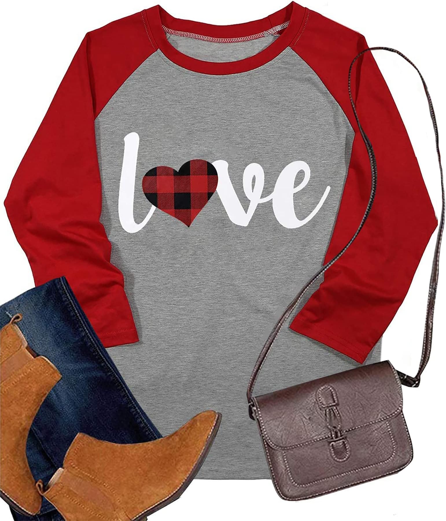 UNIQUEONEValentines Shirts Heart Baseball Shirt - Plaid Love Heart Graphic 3/4 Sleeve Shirts for Women Cute Raglan Tops