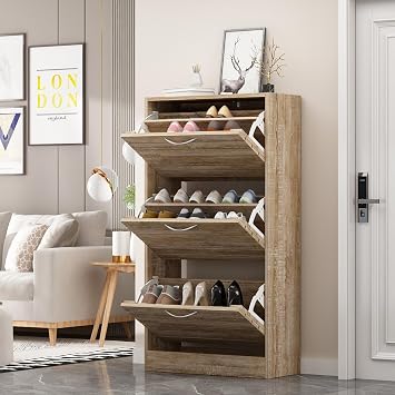 FUFU&GAGA Wood Shoe Cabinet with 3 Flip Drawers for Entryway, Narrow Shoe Storage Cabinet with 3 Flip Drawers, Freestanding 3-Tier Shoe Cabinet, Hidden Shoe Rack Cabinet for Entryway & HallwayBrown