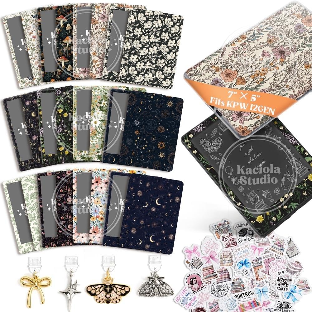 KACIOLA STUDIO 24PCS Vintage Floral Skin for E-Reader, and 4PCS Type C Charms for E-Reader with Scrapbook Stickers, 7"x5" Skin Front and Back Decal Inserts for 2024 Paper White 12th (Vintage Floral)