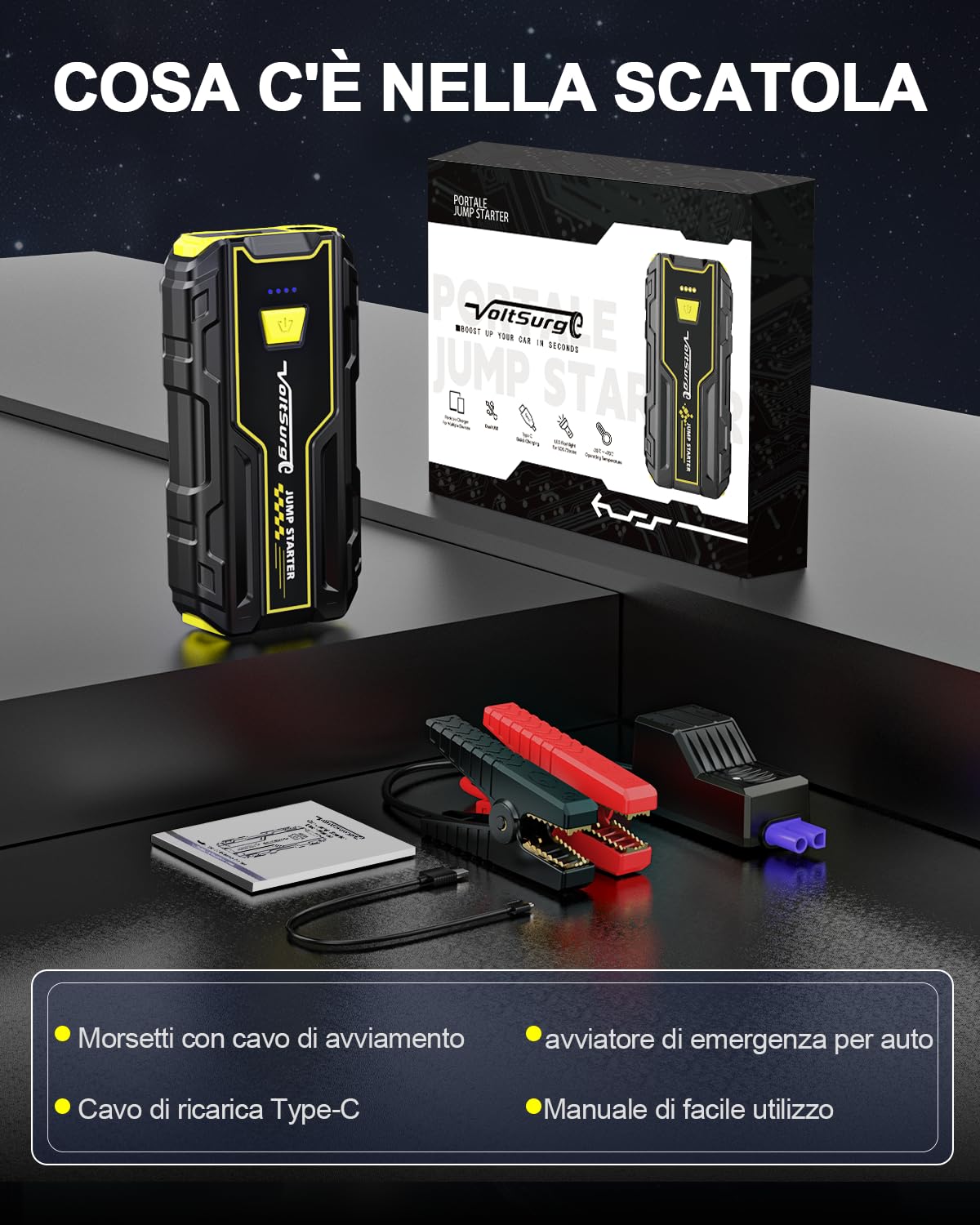 Avviatore Batteria Auto, 4000A Avviatore di Emergenza per Moto (per Motori Fino a 7.5L Benzina/5.0L Diesel) 12V Booster Avviamento Auto con Torcia a LED