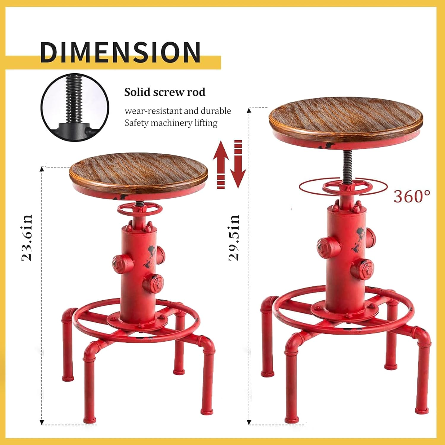 Set of 4 Vintage Industrial Kitchen Counter Swivel Metal Bar Stool Height Adjustable 23.6"-29.5", Solid Wood Water Pipe Fire Cafe Pub Bar Stool for bar,Kitchen, Antque Red