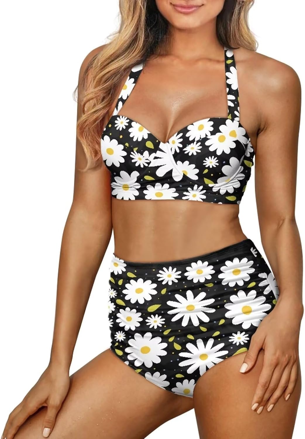 TOADDITDO Womens High Waisted Bikini Set Two Piece Swimsuit Halter Back Ruched Bathing Suits Beachwear Swimwear