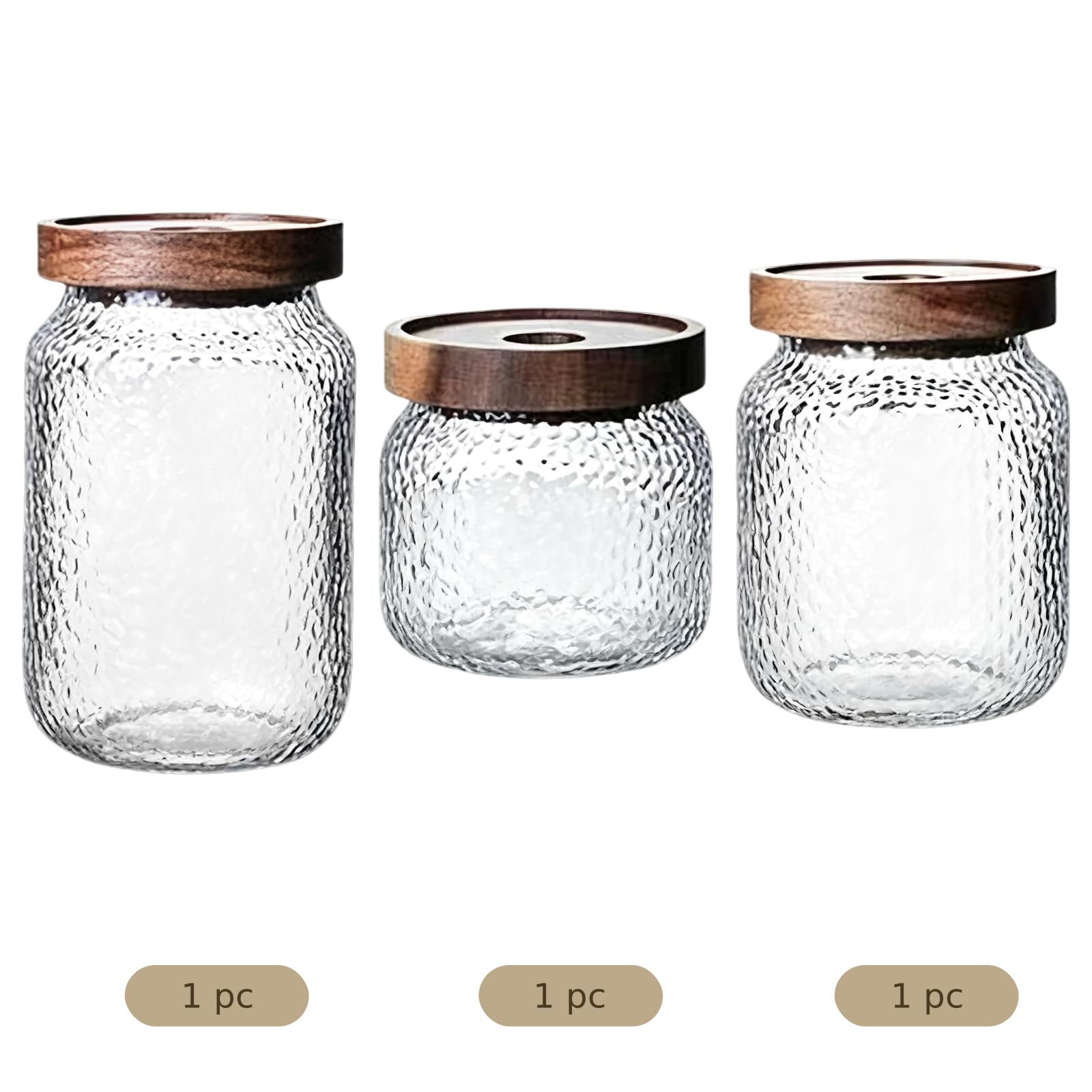 3 Stk. Glas-Aufbewahrungsgläser mit Deckel, 10 oz 17 oz 24 oz luftdichte Glas-Vorratsdosen mit Holzdeckel, gehämmerte Vorratsgläser für Küche, Kaffee, Tee, Getreide, Zucker, Snacks