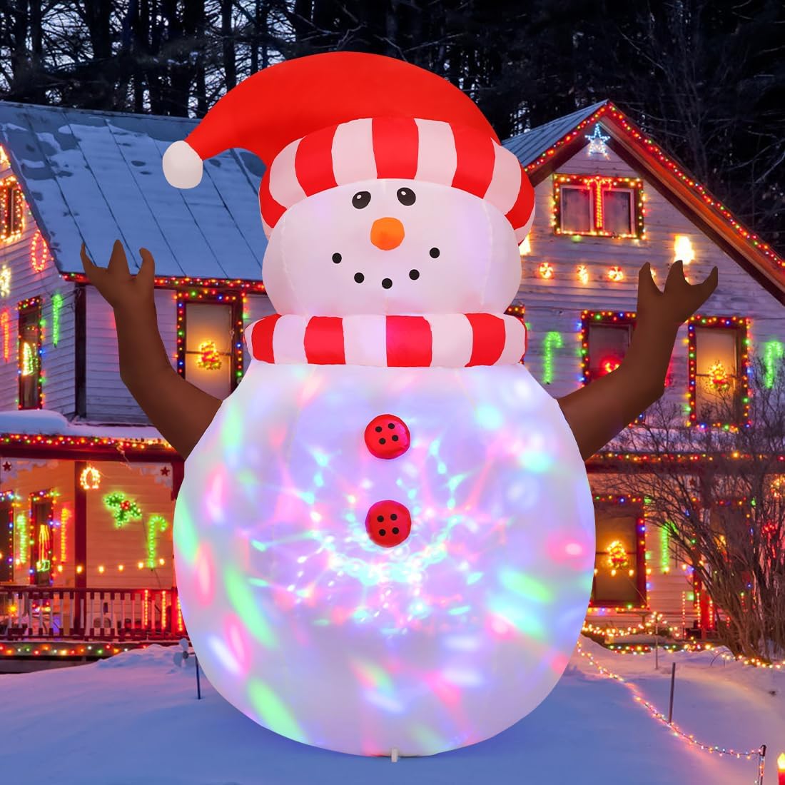 GOOSH 5 FT Christmas Snowman Inflatables with 360° Rotating Magic Light Outdoor Yard Decorations, Christmas Blow Up Snowman with Christmas Hat for Garden Patio Lawn Home Holiday Xmas Party