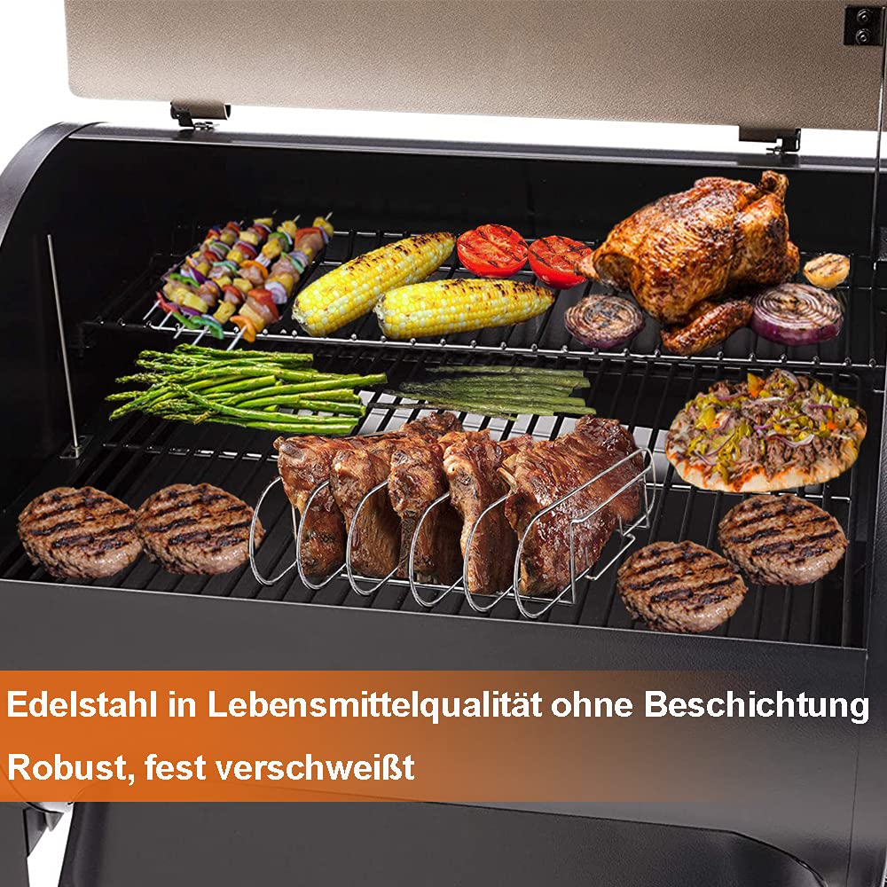 Spareribs Halter Grill – Braten und Rippchenhalter Edelstahl, Aufsatz zur Zubereitung von 5 Spareribs und Braten auf Gas- und Kohlegrill – Backofen- und Spülmaschinengeeignet – 33 x 29 x 8 cm