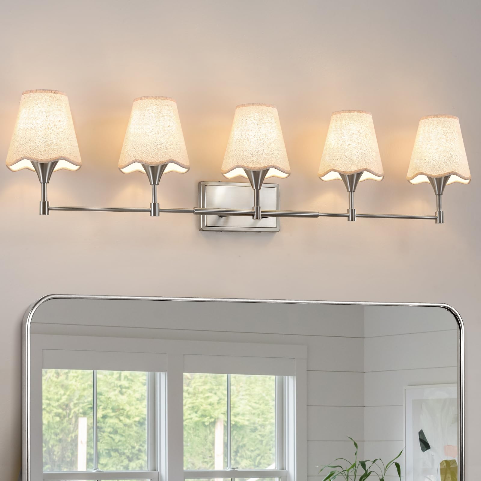 View 1 of [SOLD FOR PARTS] Brushed Nickel Bathroom Vanity Light: 5 Light Vanity Lighting Fixtures with Flared Fabric Shade, Modern Bathroom Lighting Fixtures over Mirror, Wall Sconce Lights for Bedroom Hallway Living Room