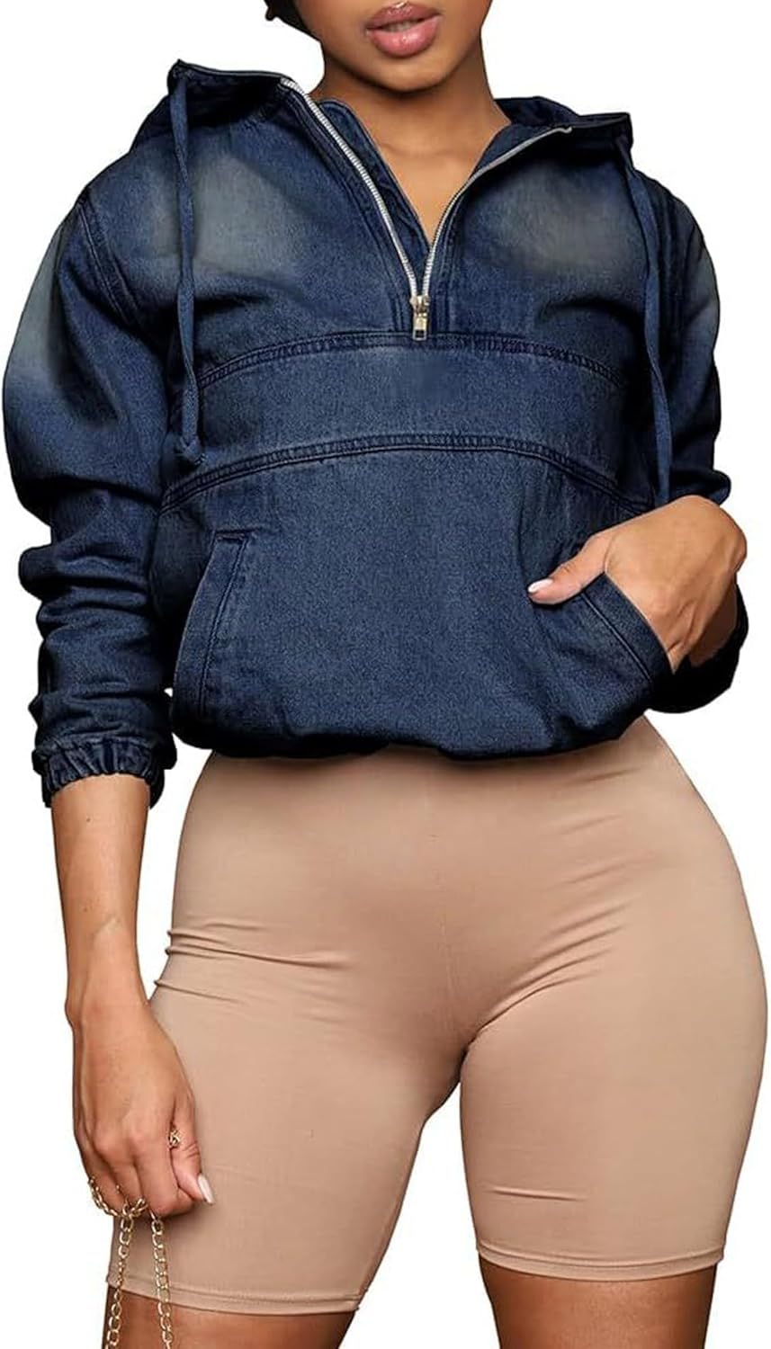 Sexyshine Women's Half Zip Denim Hooded Sweatshirt Hoodie Pullover Jean Jacket Tops With Pocket