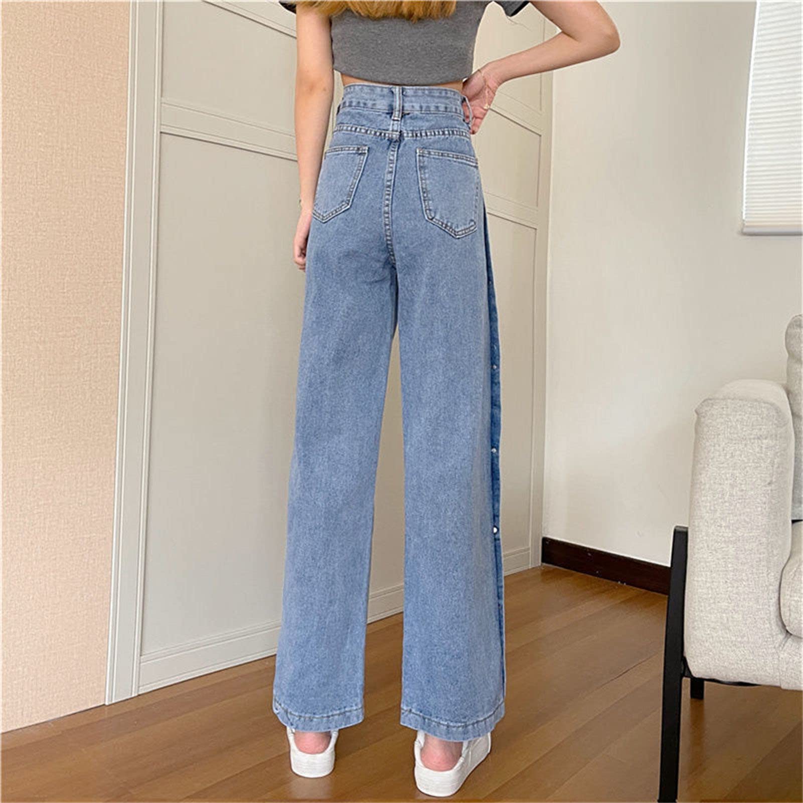 Women's Button Denim Pants High Waist Straight Leg Jeans