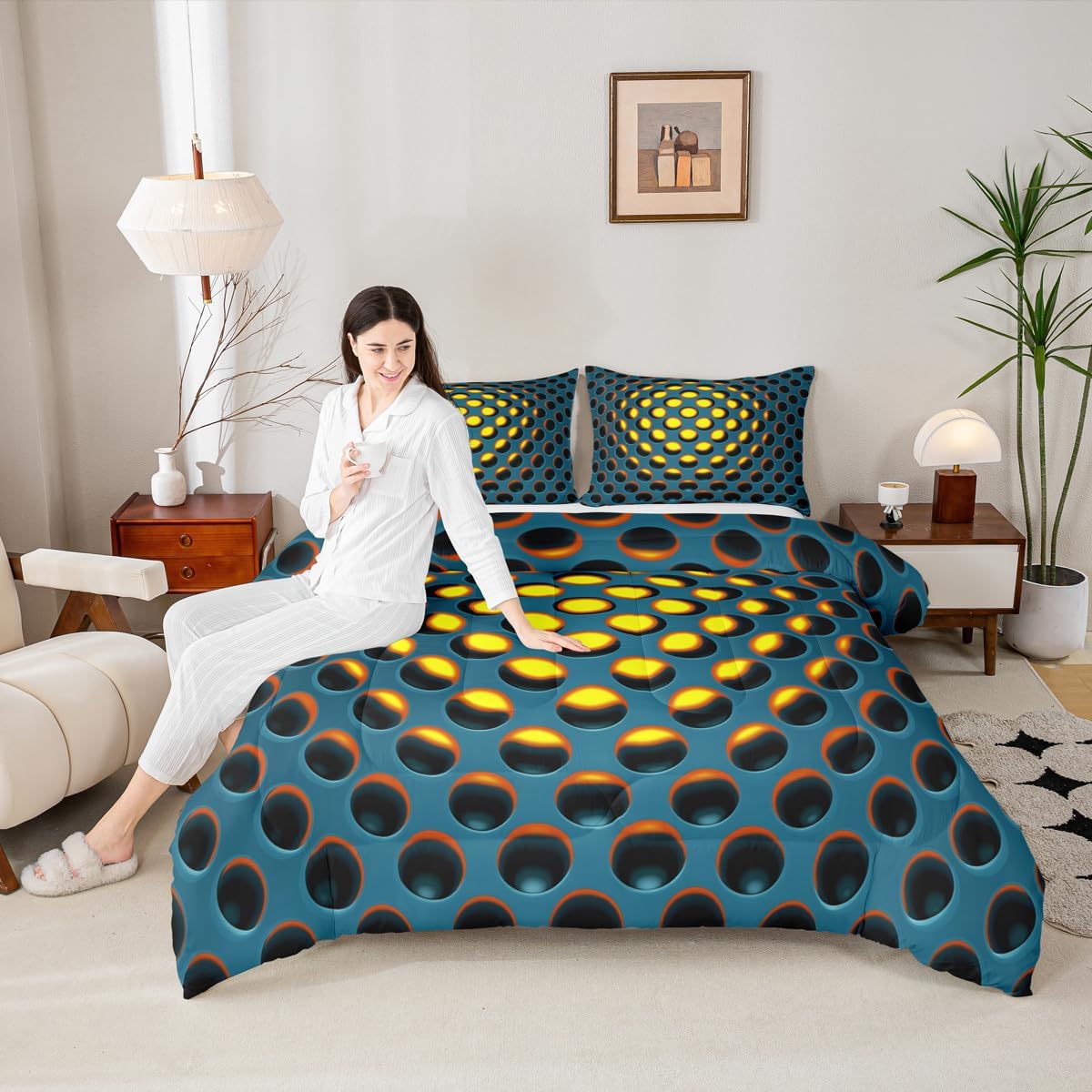 Honeycomb Down Comforter Set Hexagon Geometric Bedding Sets Beehive Comforter Set For Kids Boys Girls Reversible Black Stereoscopic Dense Hole Abstract Art Duvet Sets 3 Pieces Queen Size Blue Yellow