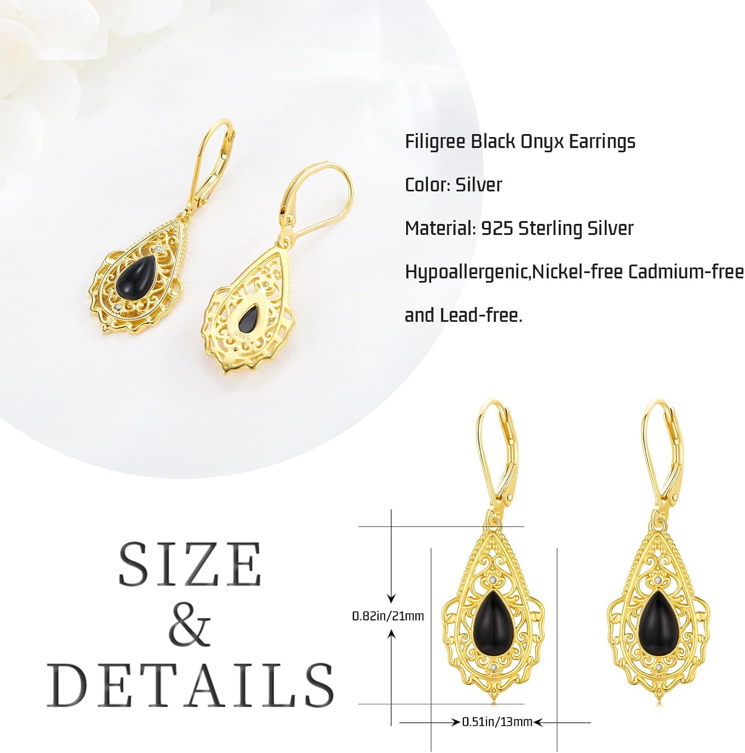Black Onyx Earrings 925 Sterling Silver Hypoallergenic Filigree Leverback Dangle Drop Earrings Birthday Jewelry Gifts for Women - Image 4