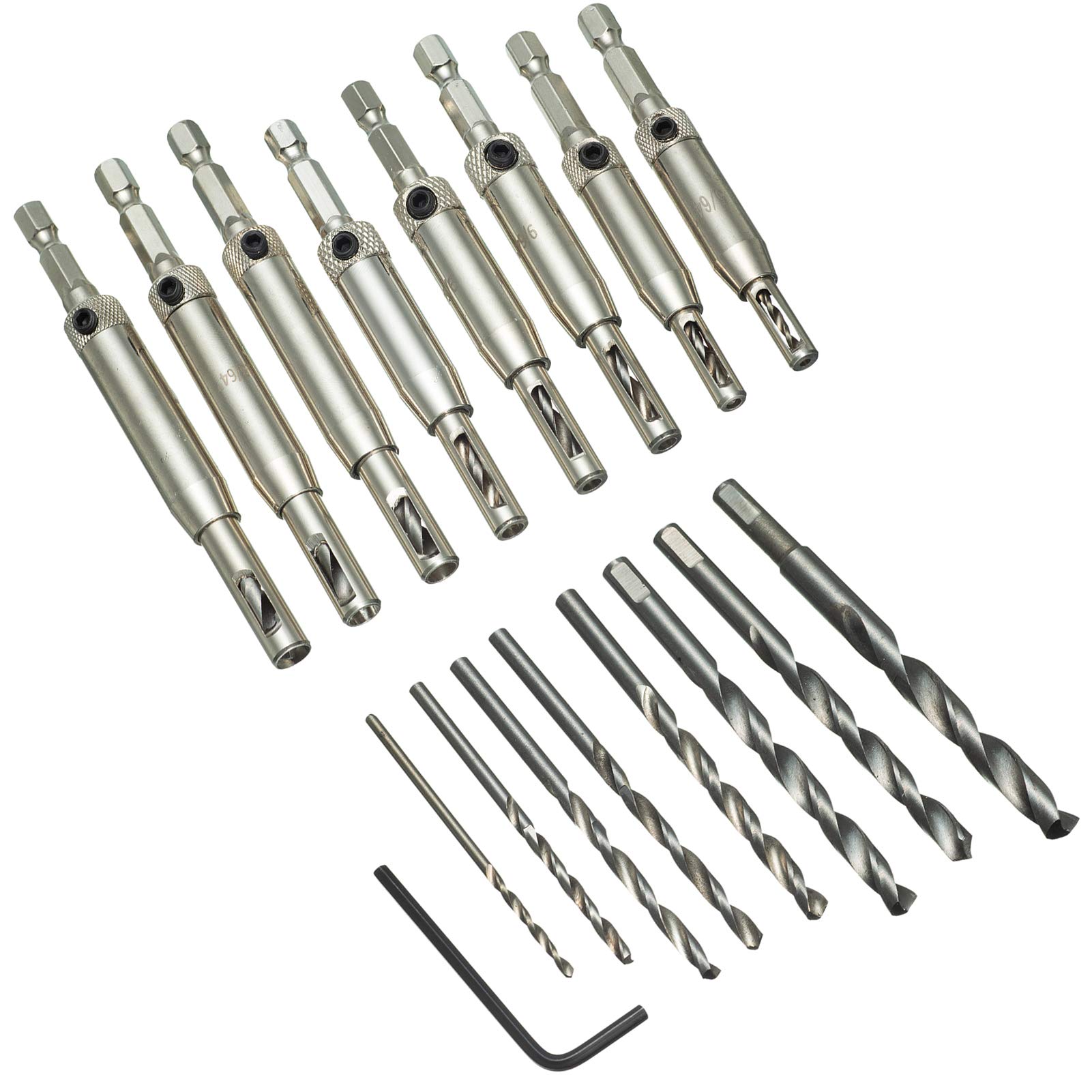HPMAISON 17PCS Hinge Drill Bit Set, HSS Self Centering Drill Bits for Wood Door Window Cabinet Woodworking Hinge Hardware Pilot Hole Drill Bit (5/64" 7/64" 9/64" 9/64" 11/64" 13/64" 1/4" 5mm)